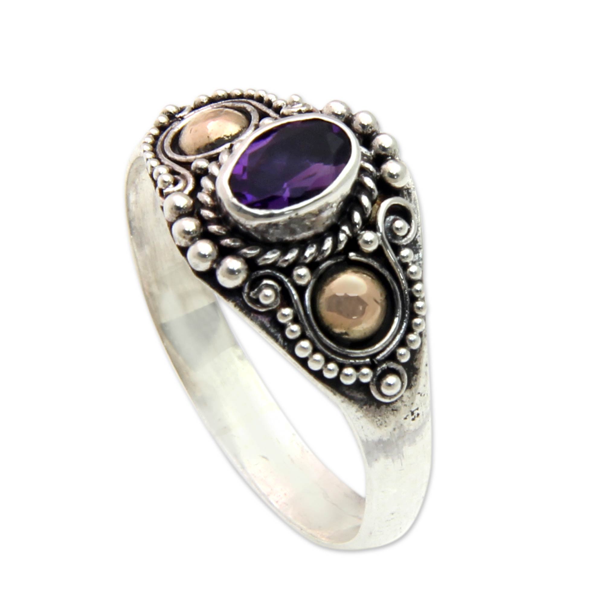 Premium Mystic Trio Sterling Silver & Gold Cocktail Ring with Amethyst