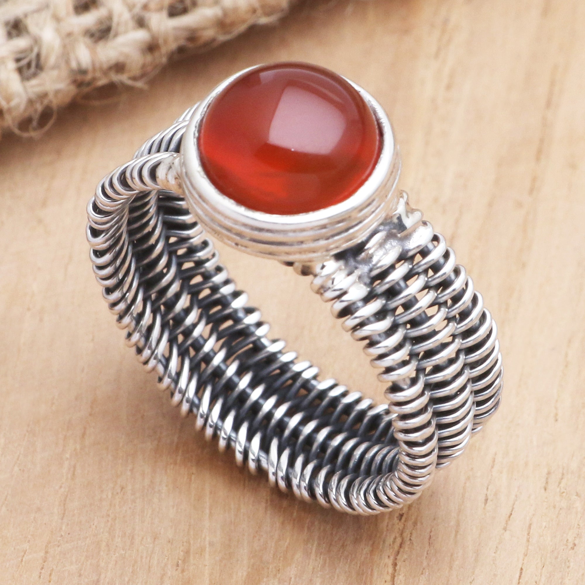 Premium Sterling Silver Carnelian Wire-Wrapped Ring - Handcrafted Elegance