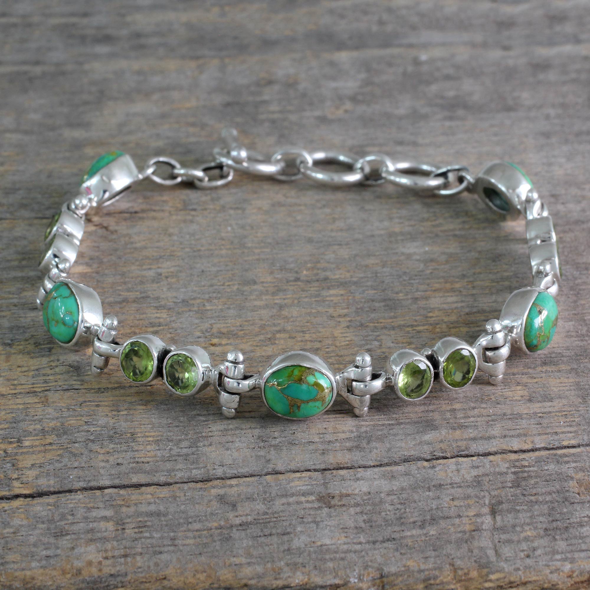 Premium Green Glow Peridot & Turquoise Sterling Silver Bracelet