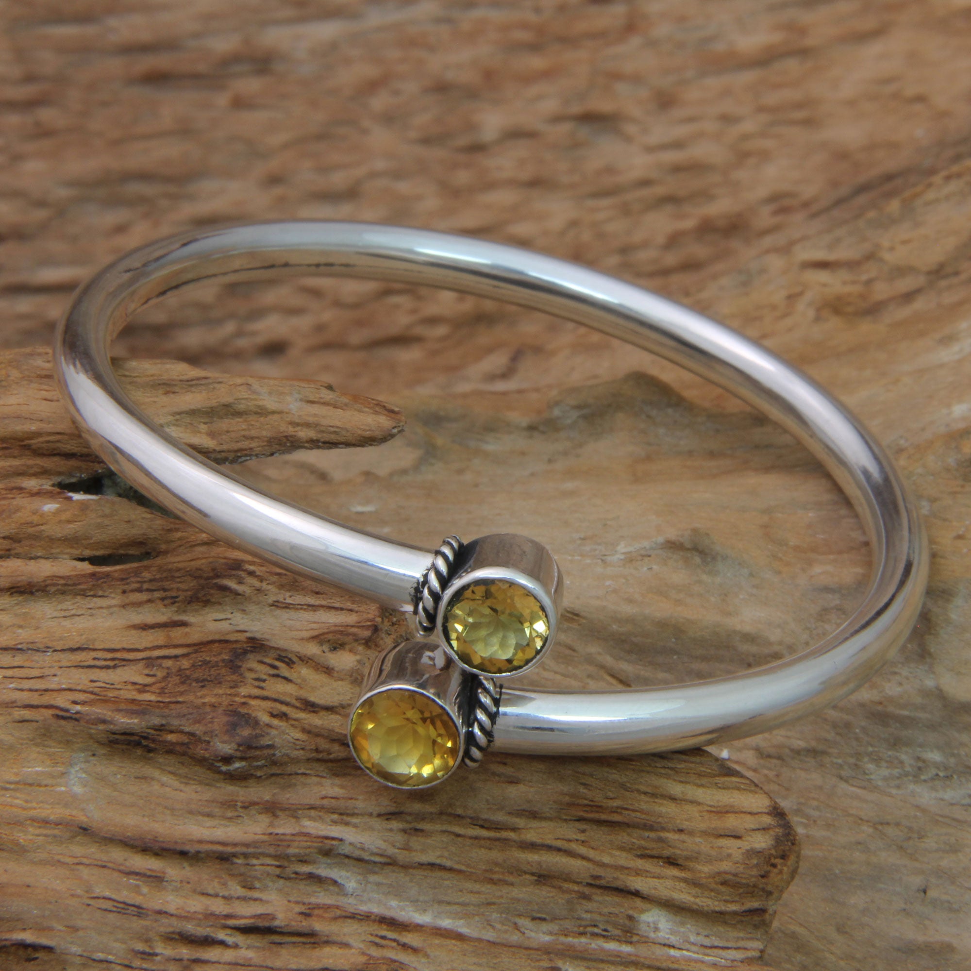 Premium Shooting Stars Citrine & Silver Bangle Bracelet - Handcrafted Elegance