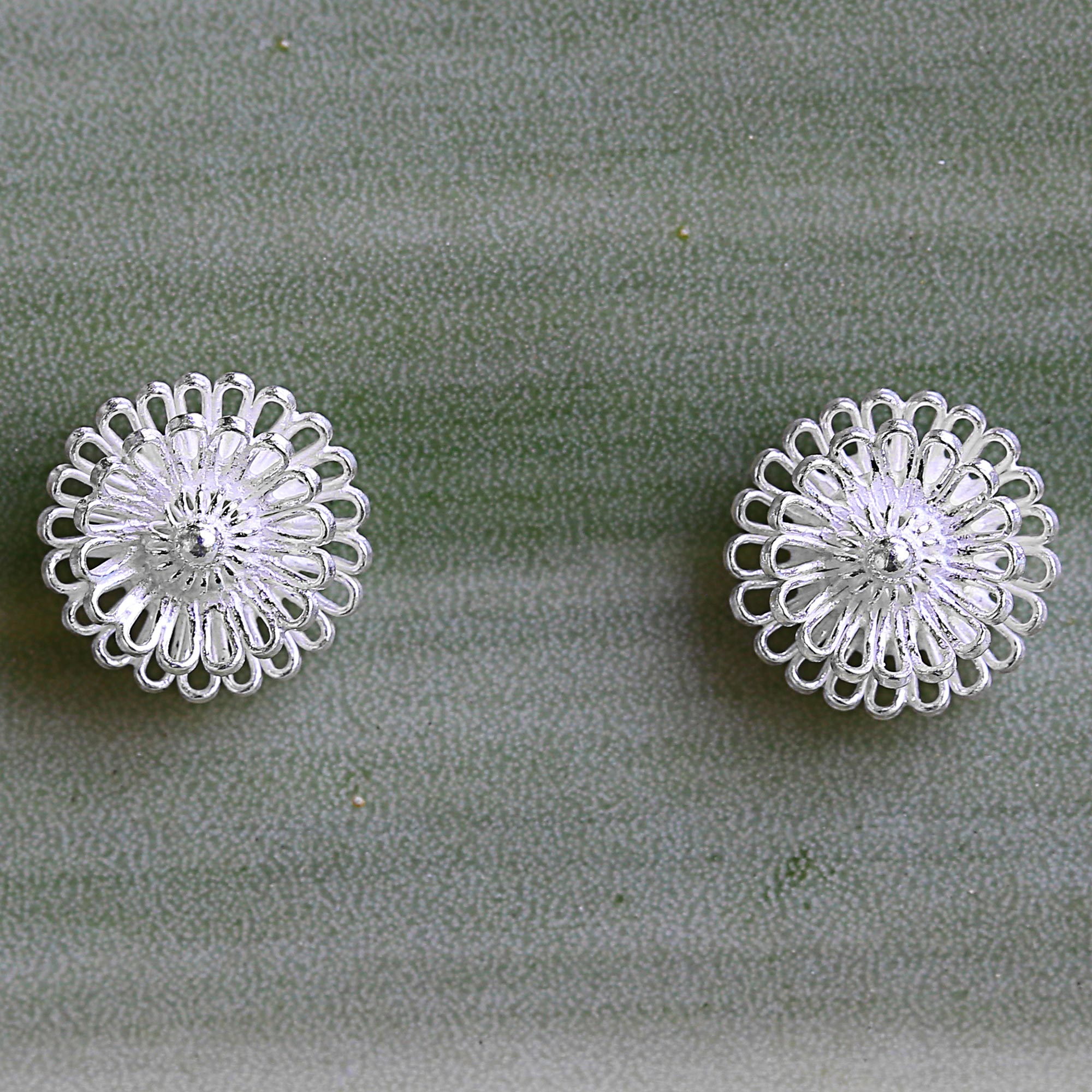 Premium Zinnia Flower Sterling Silver Stud Earrings - Handcrafted Elegance