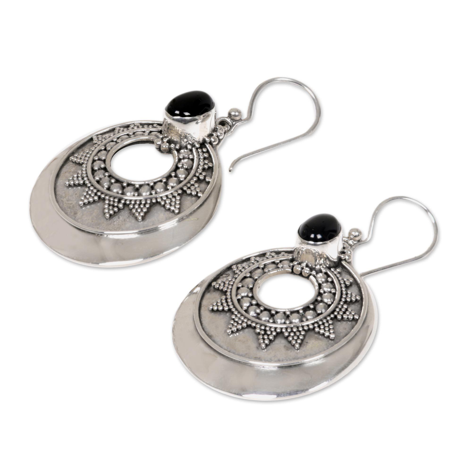 Premium Onyx & Sterling Silver Medallion Earrings - Handcrafted Elegance