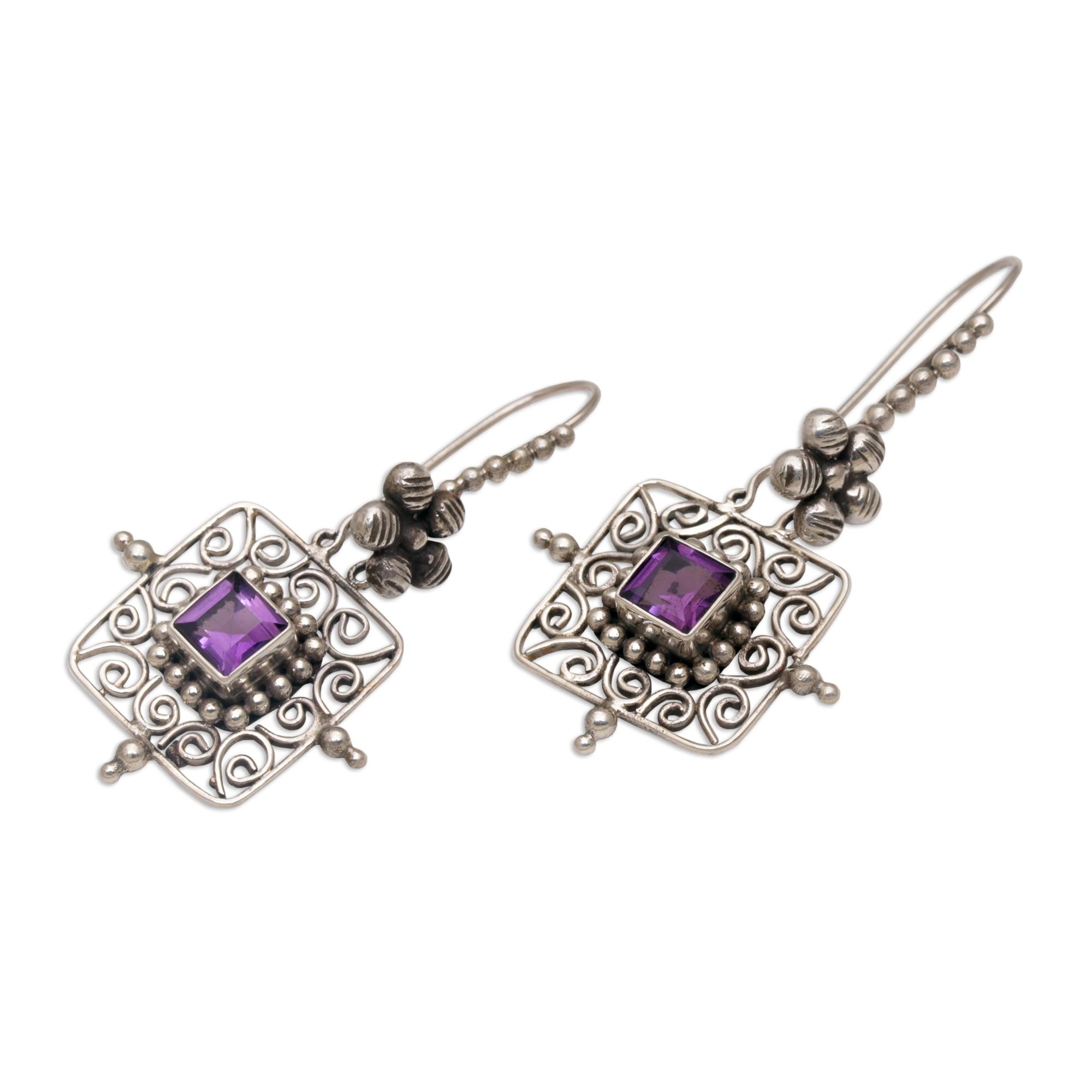 Premium Floral Amethyst Dangle Earrings - Handcrafted in Bali