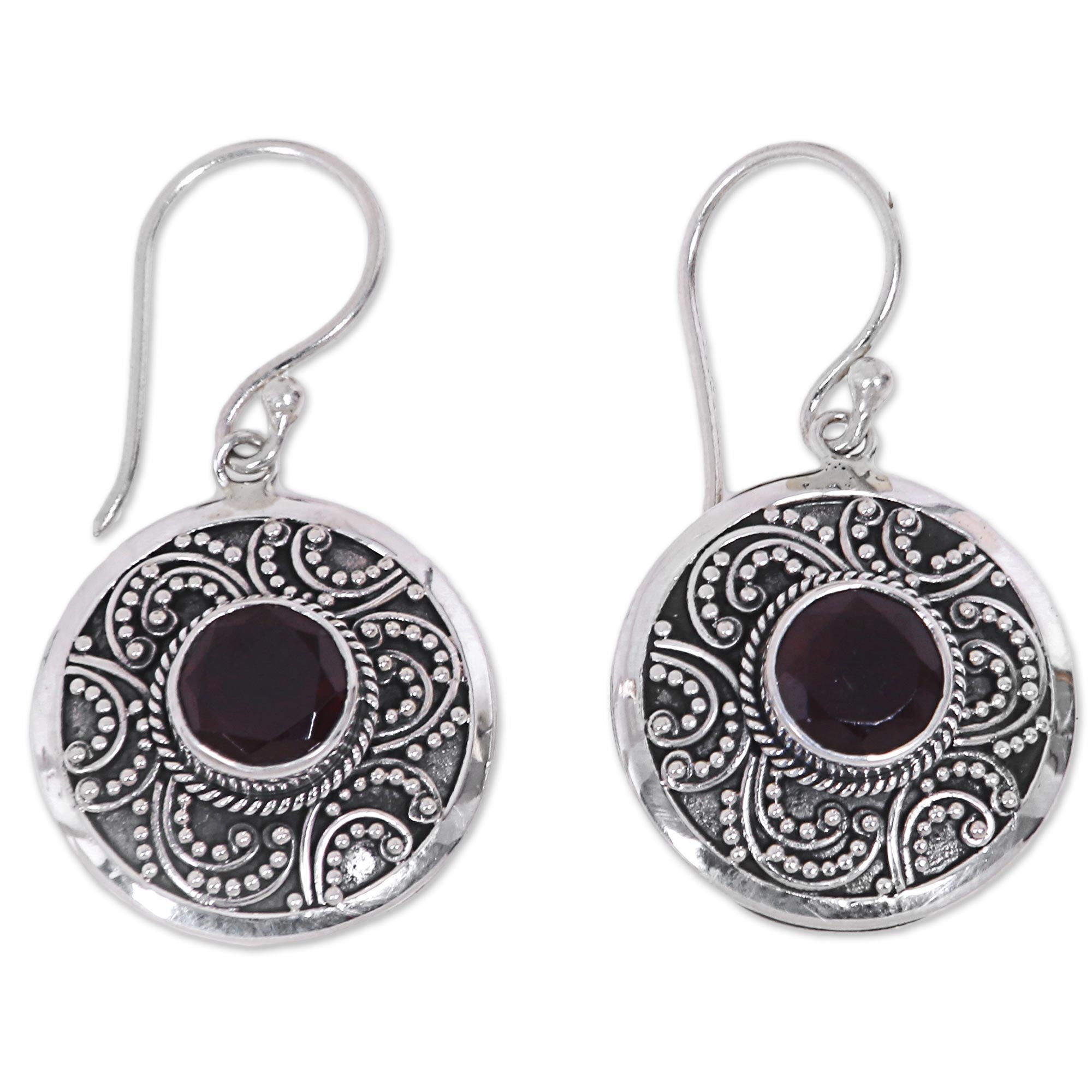 Premium Balinese Aura Garnet & Silver Dangle Earrings