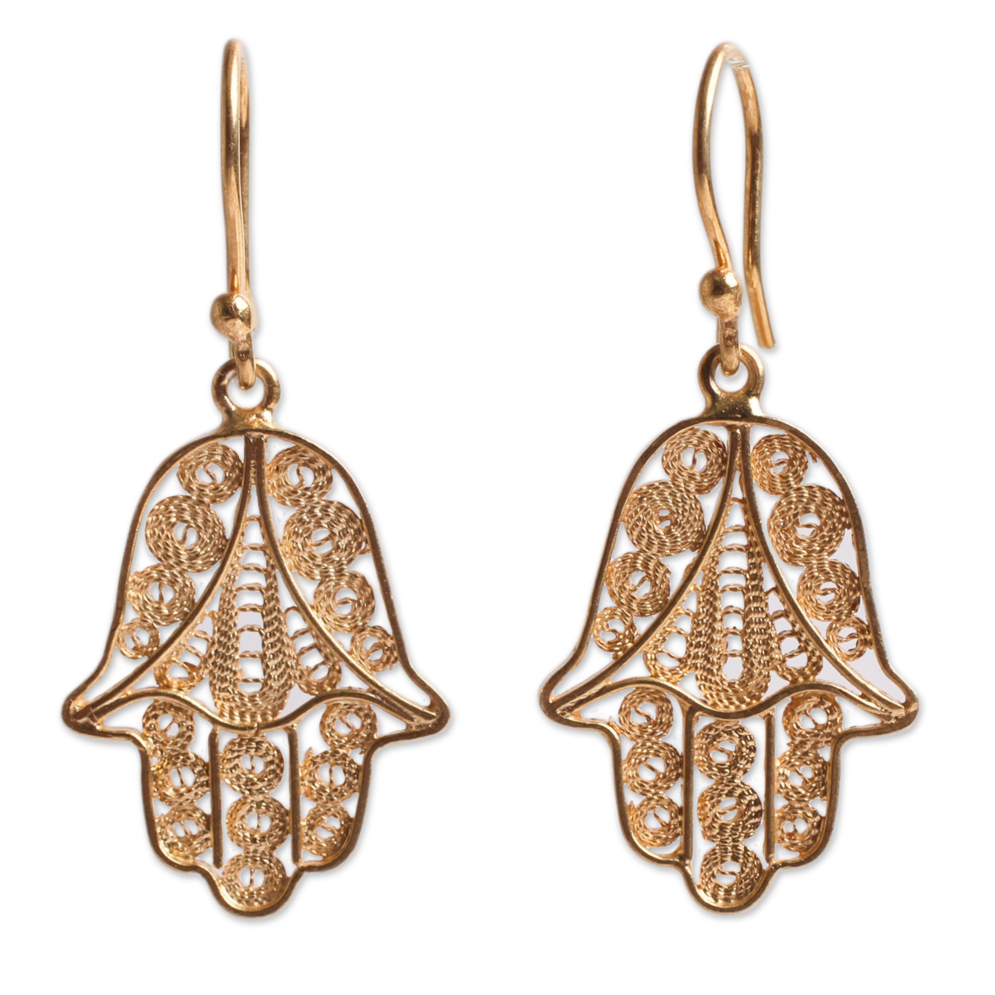 Premium Hamsa Symbol Gold Vermeil Earrings – Handcrafted Filigree Art