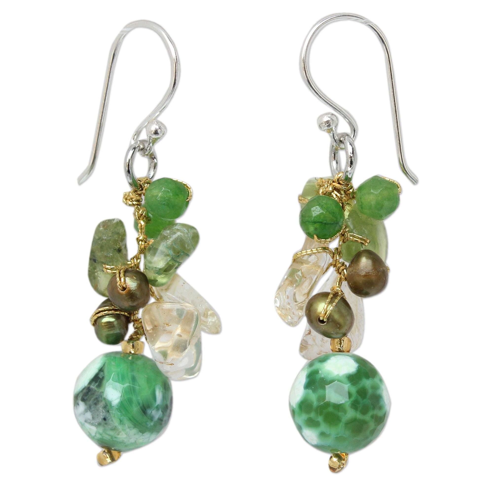 Premium Green Multi-Gem & Pearl Beaded Earrings - Handcrafted Elegance