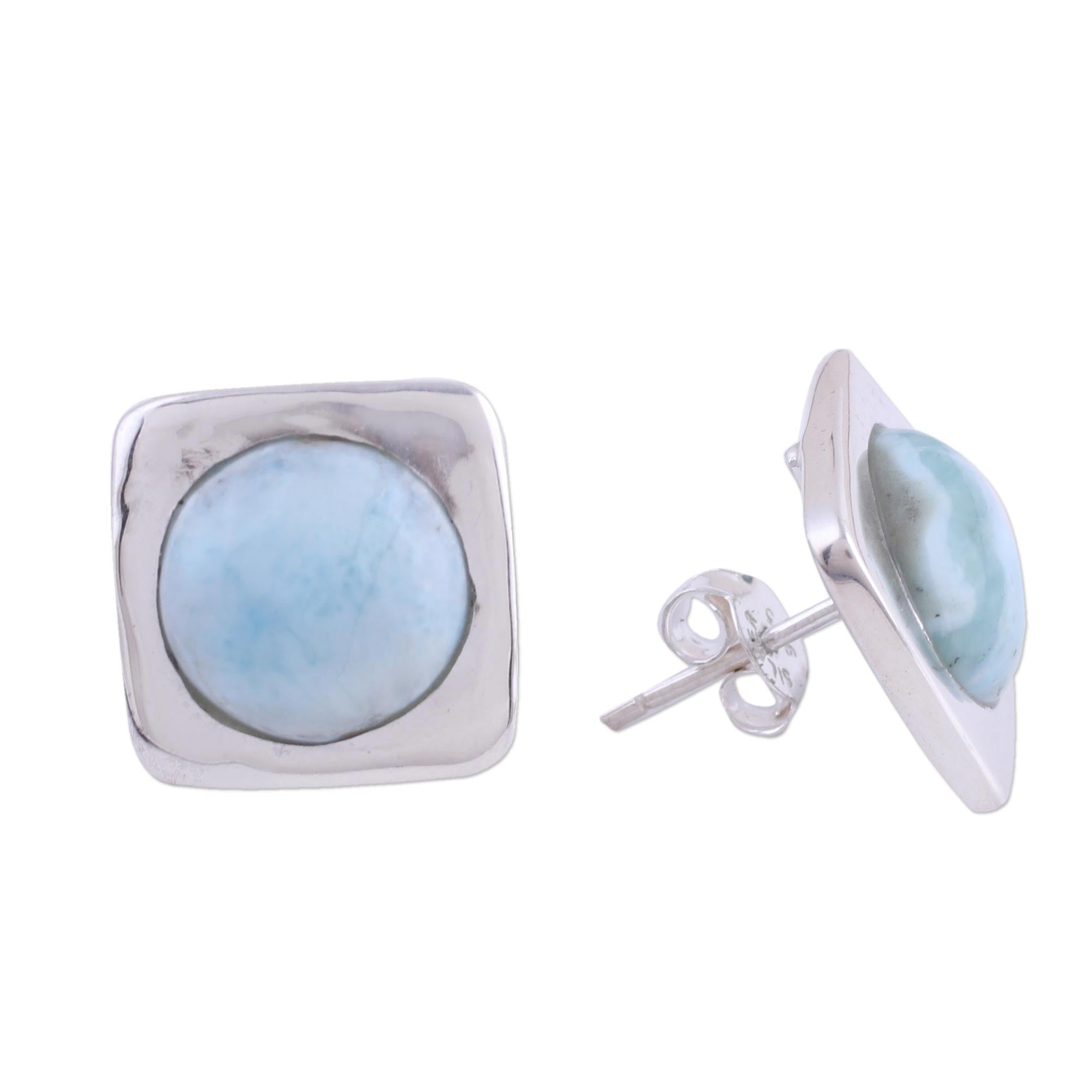 Premium Larimar & Sterling Silver Button Earrings - Caribbean Inspired Elegance