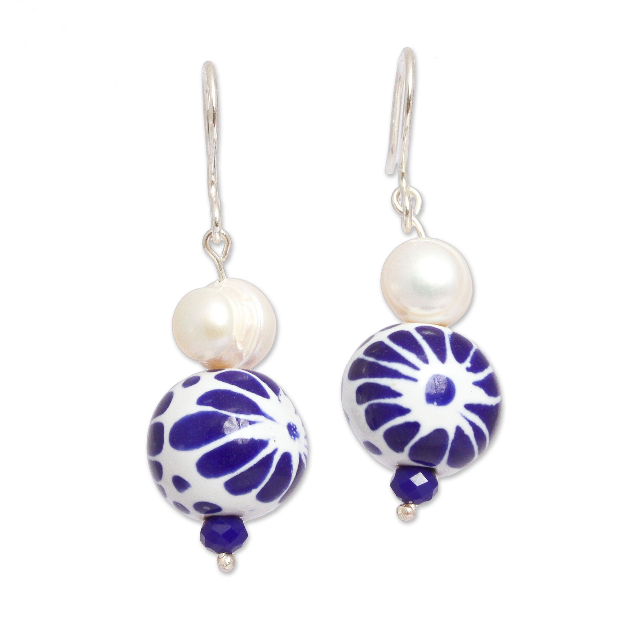 Premium Indigo Bloom Pearl & Ceramic Dangle Earrings – Handcrafted Mexican Artistry