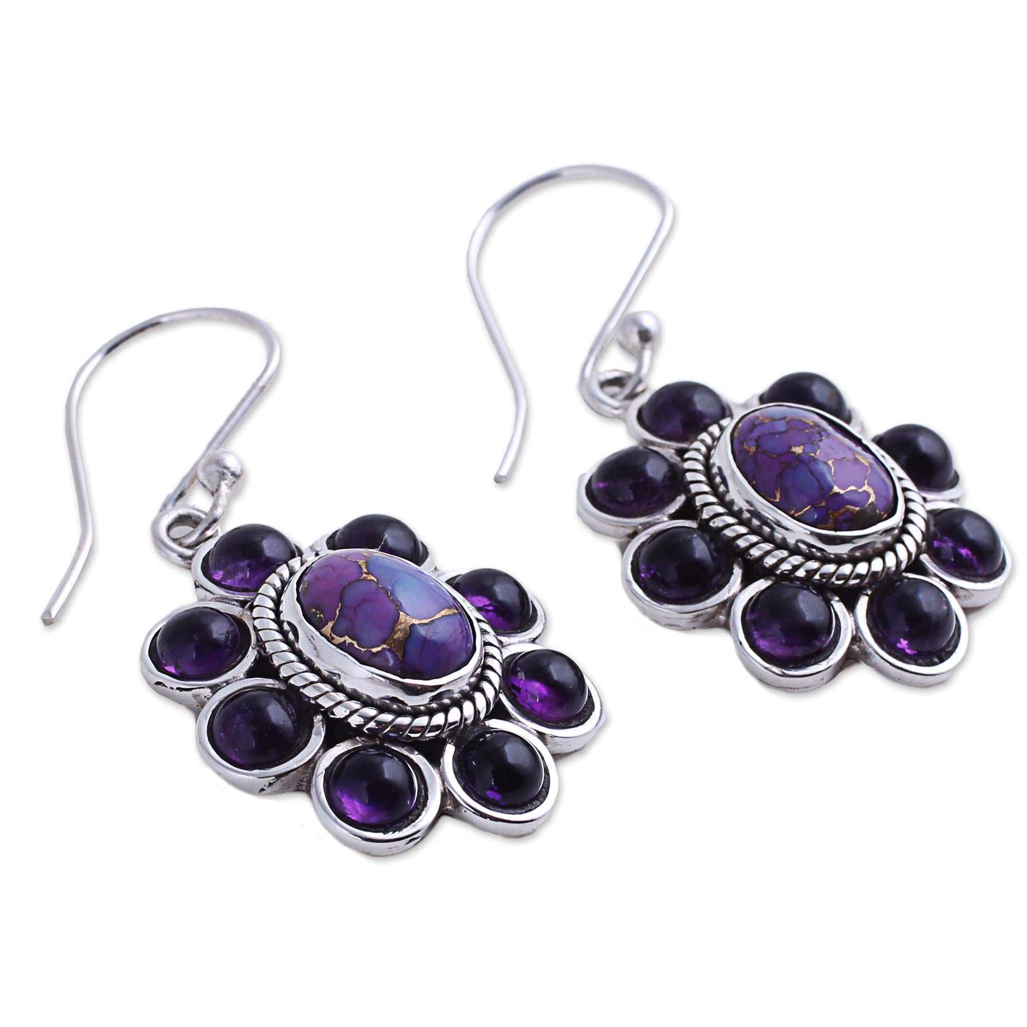 Premium Amethyst & Turquoise Dangle Earrings – Violet Elegance