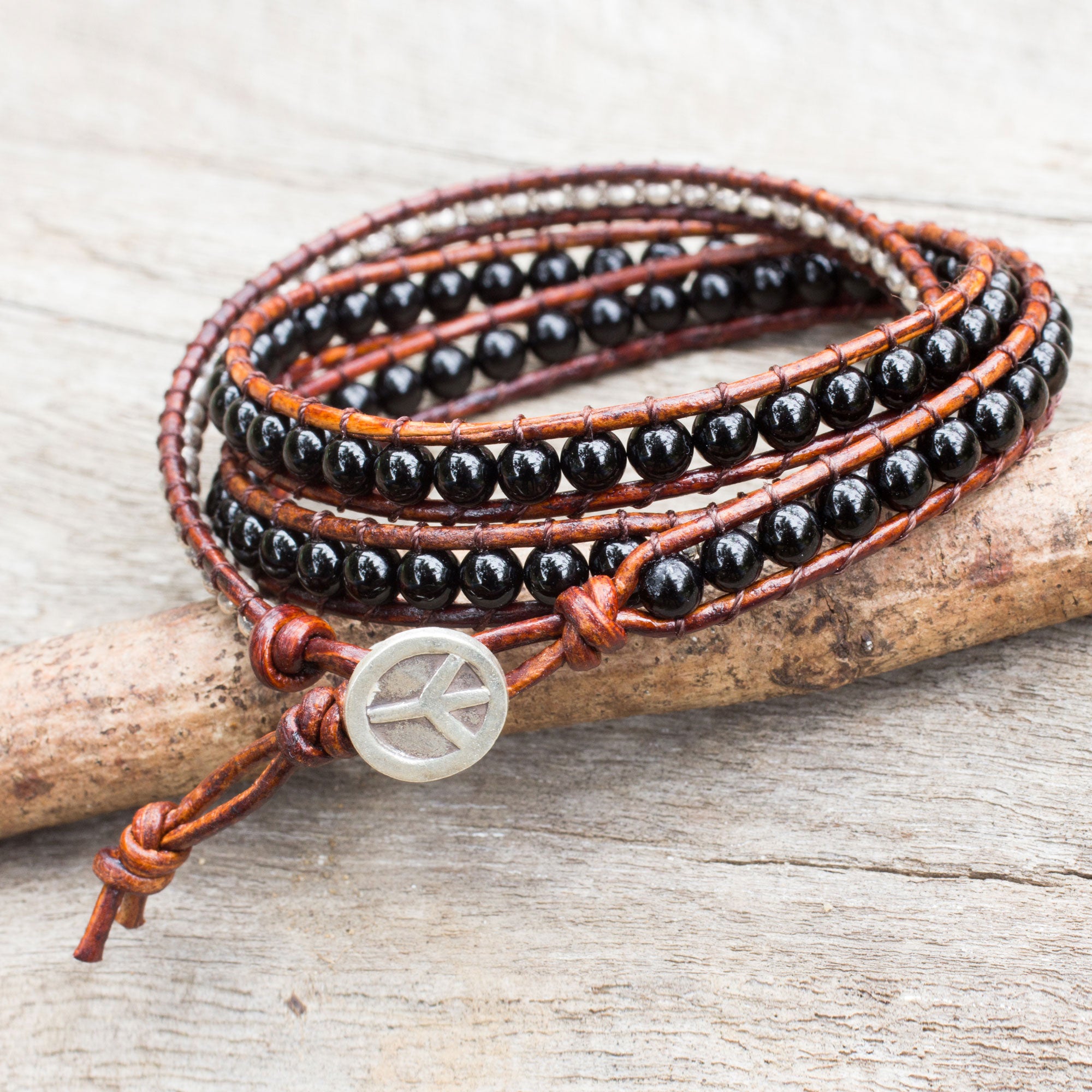 Premium Hill Tribe Boheme Onyx Leather Wrap Bracelet - Handcrafted in Thailand