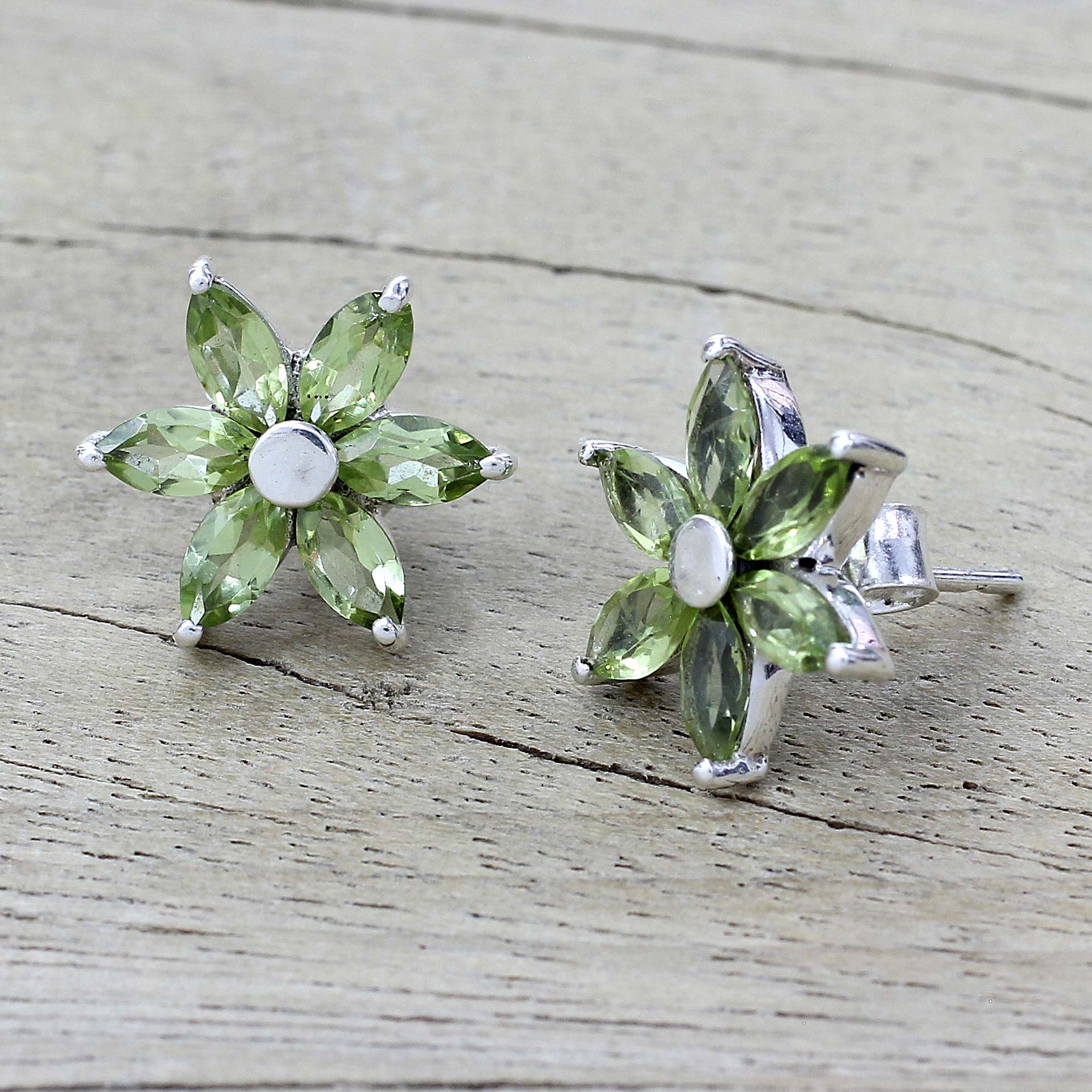 Premium Summer Blossom Floral Peridot Earrings in Rhodium-Plated Sterling Silver