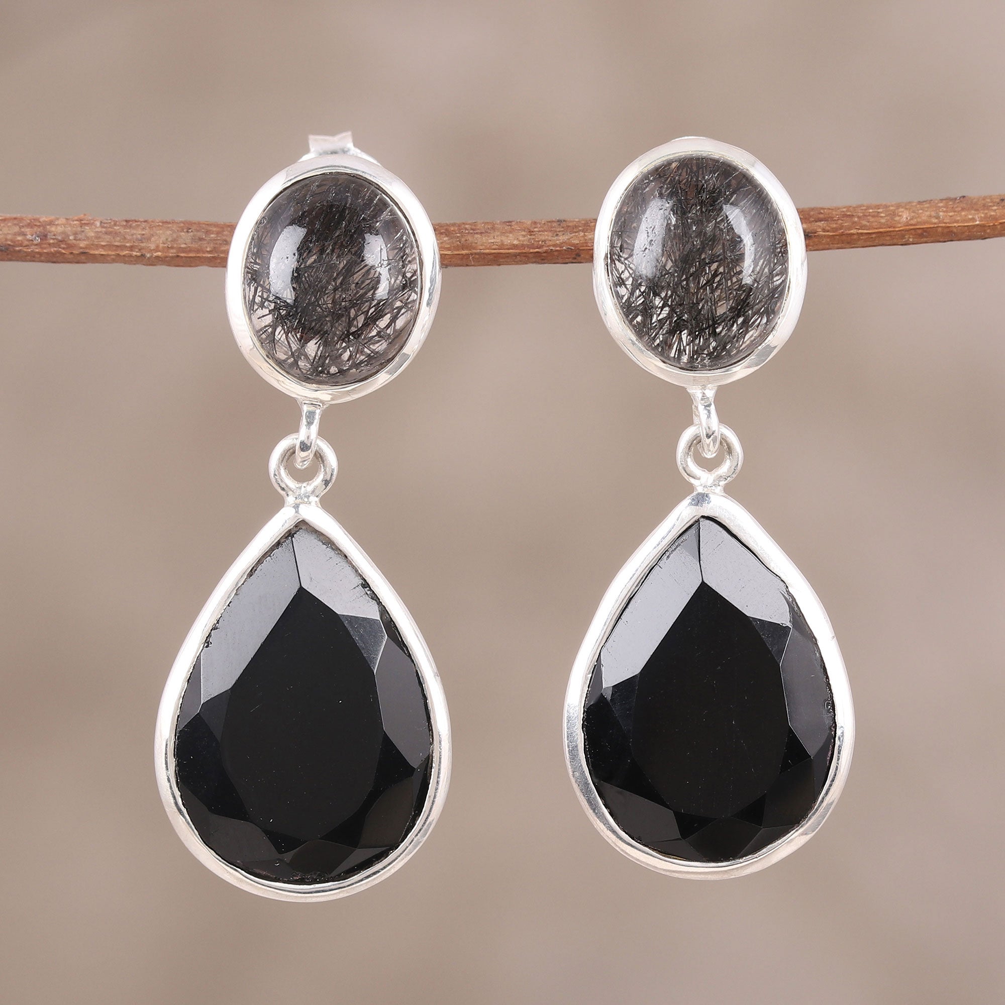 Premium Alluring Onyx & Tourmalinated Quartz Dangle Earrings