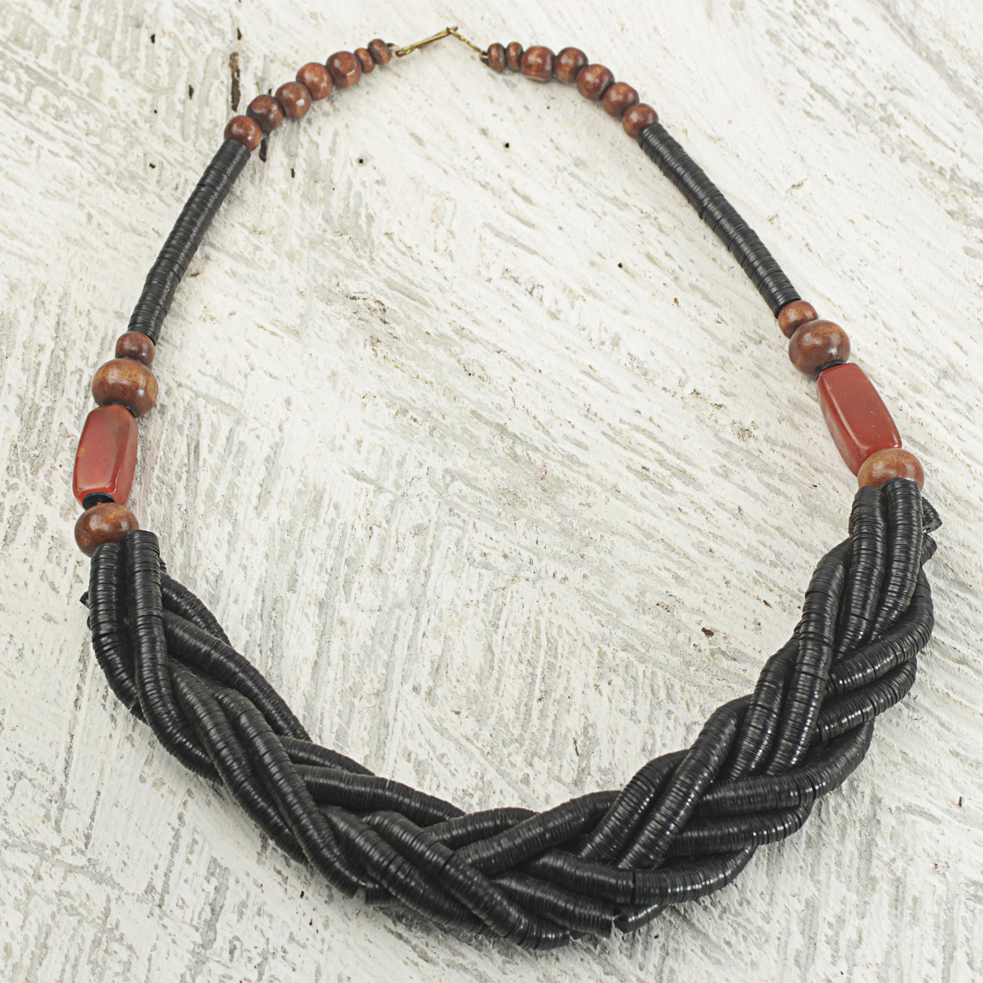 Premium Sosongo Black Handcrafted Beaded Necklace with Wood & Agate Accents