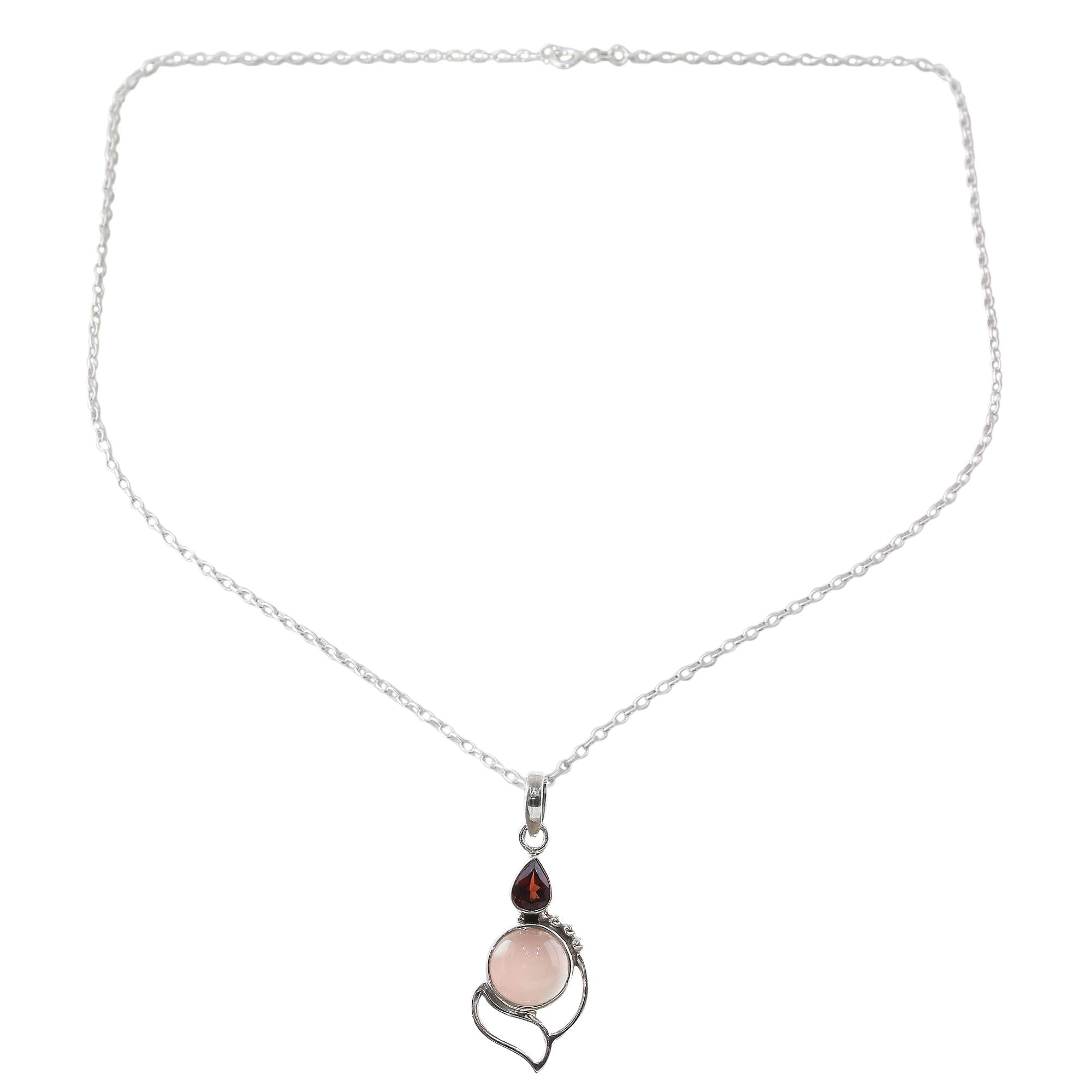 Premium Pink Crest Garnet & Chalcedony Sterling Silver Pendant Necklace - Handcrafted in India