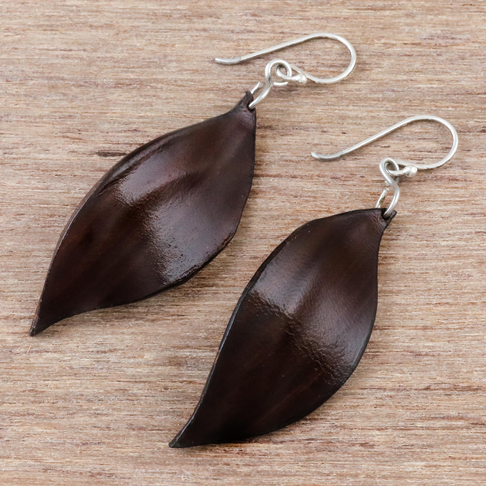 Premium Brown Leaf-Shaped Leather Dangle Earrings – Handcrafted in Thailand