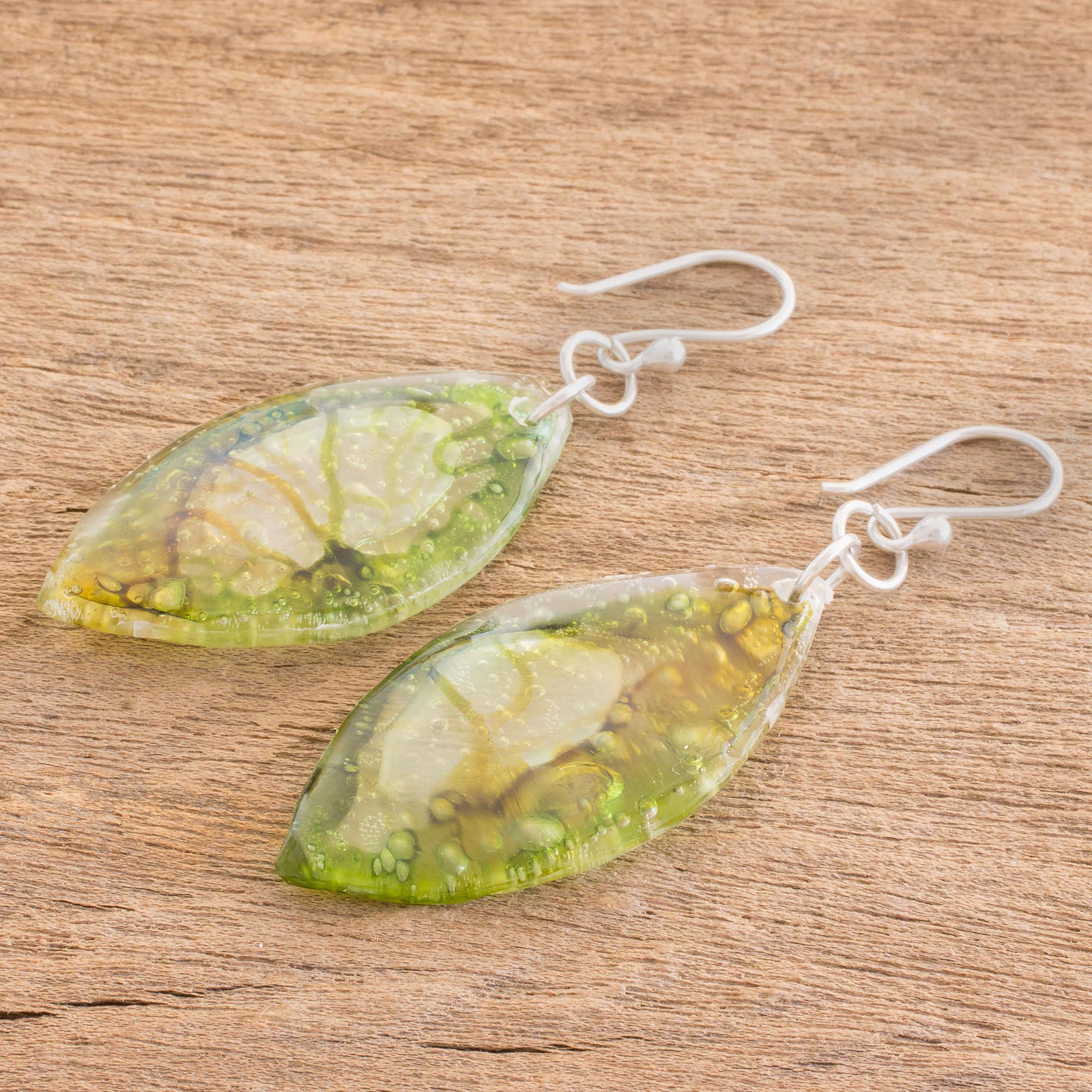 Premium Leafy Forest Green Recycled CD Dangle Earrings – Sustainable & Stylish