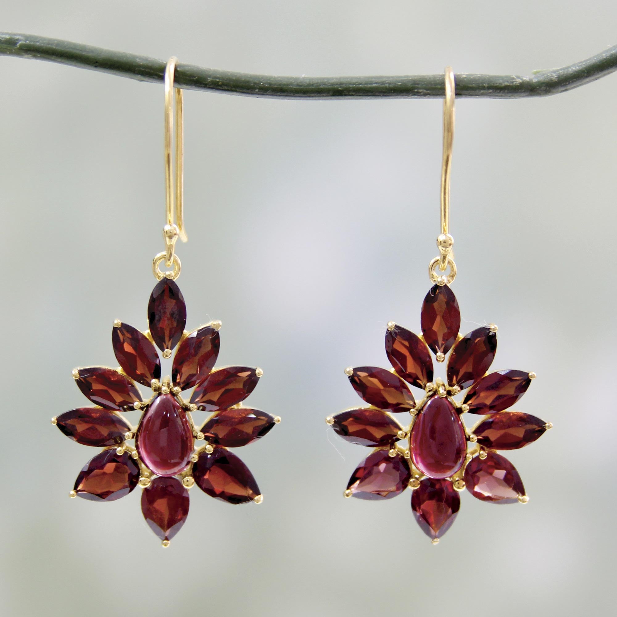 Premium Claret Sunburst 18k Gold Plated Garnet Earrings - Handcrafted Luxury