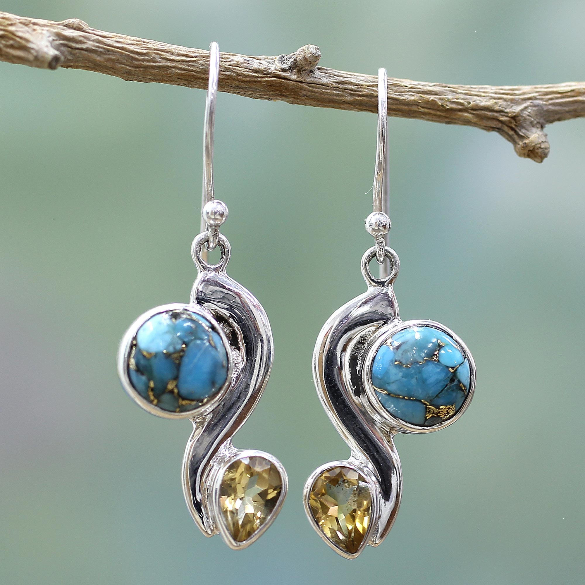 Premium Citrine & Turquoise Dangle Earrings – Handcrafted Sterling Silver Jewelry from India