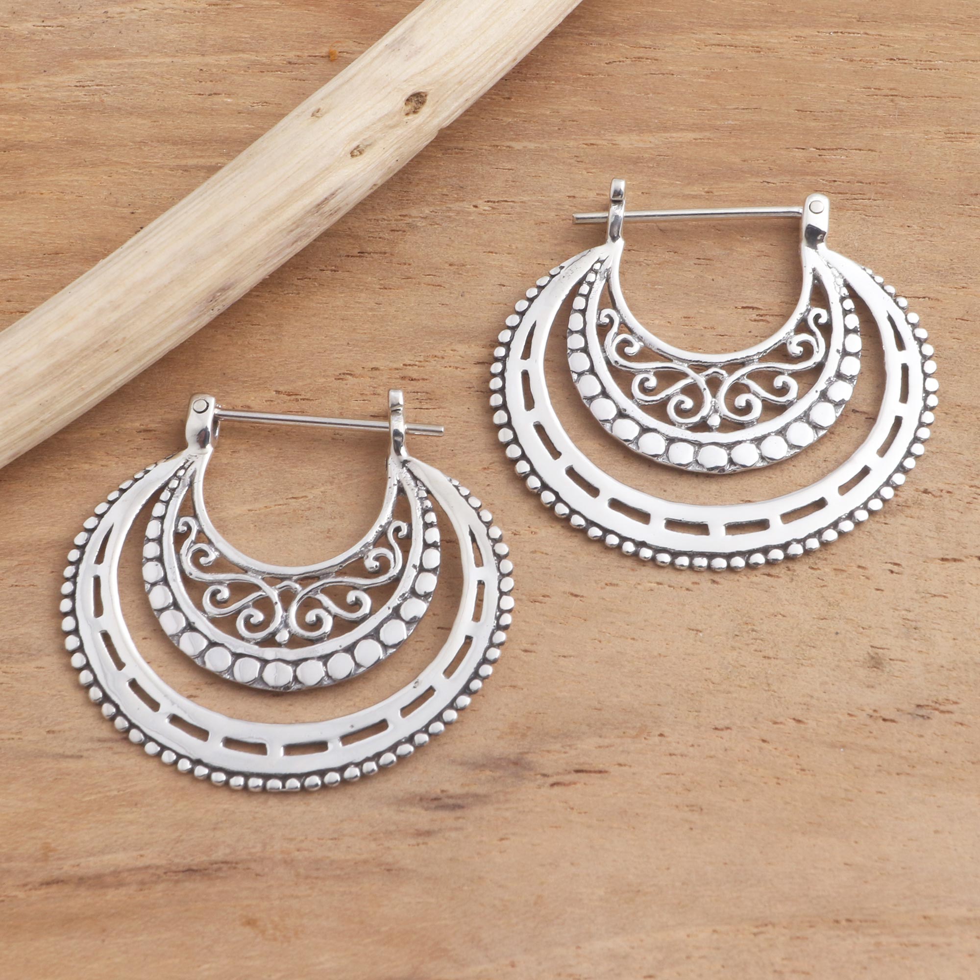 Premium Balinese Sterling Silver Hoop Earrings - Handcrafted Elegance