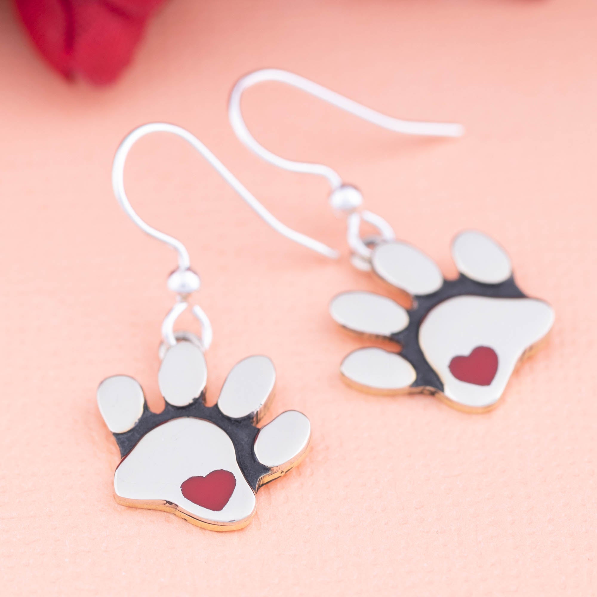 Premium Heart Paw Print Earrings - Handcrafted Silver-Tone Design