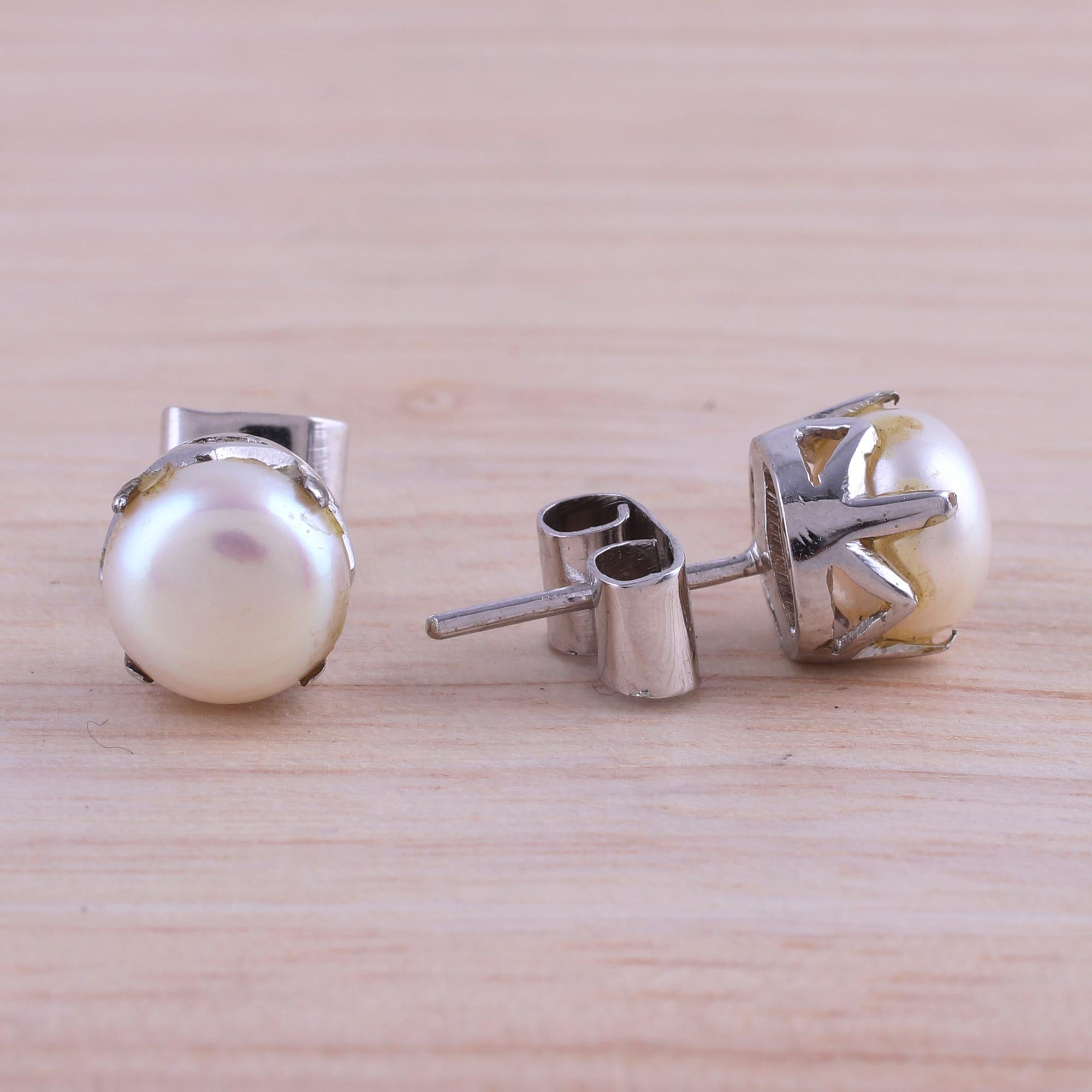 Premium Rhodium-Plated Cultured Pearl Stud Earrings – Timeless Elegance from India