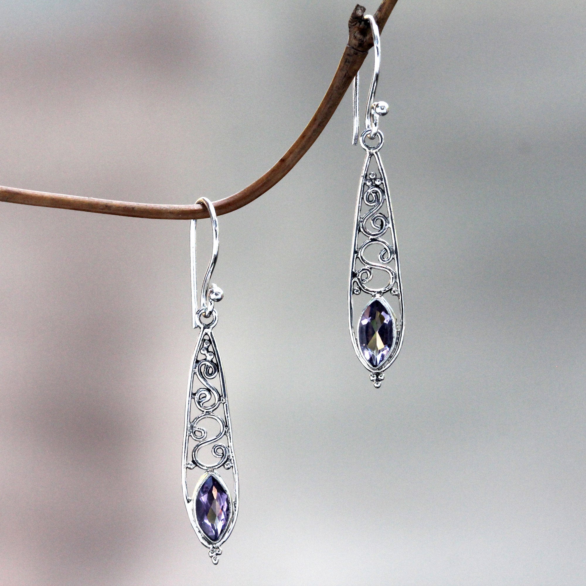 Premium Amethyst & Silver Jasmine Dew Dangle Earrings - Handcrafted Elegance