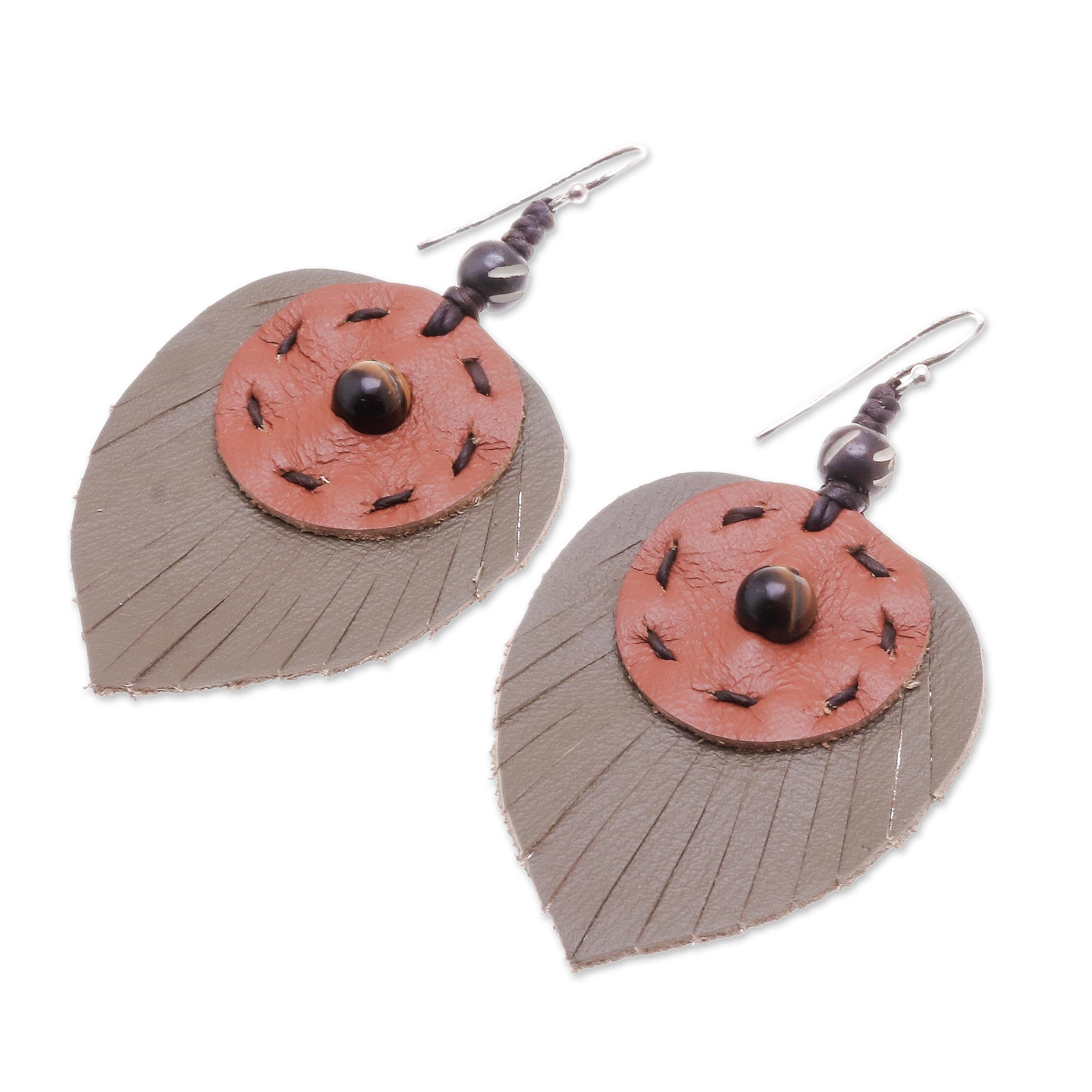Premium Aurora Leaves Handcrafted Tiger's Eye & Leather Dangle Earrings