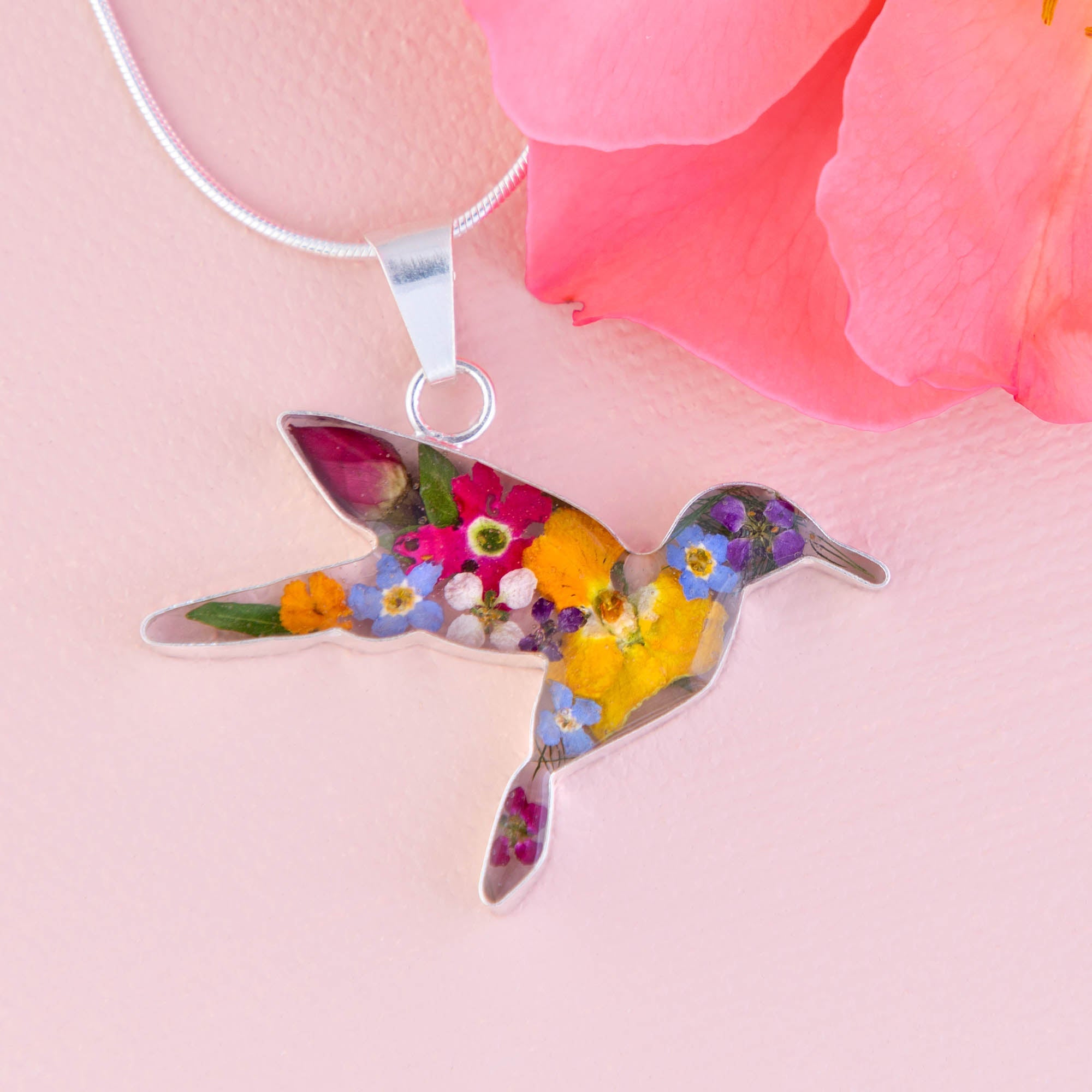 Premium Sterling Silver Hummingbird Necklace with Real Flowers