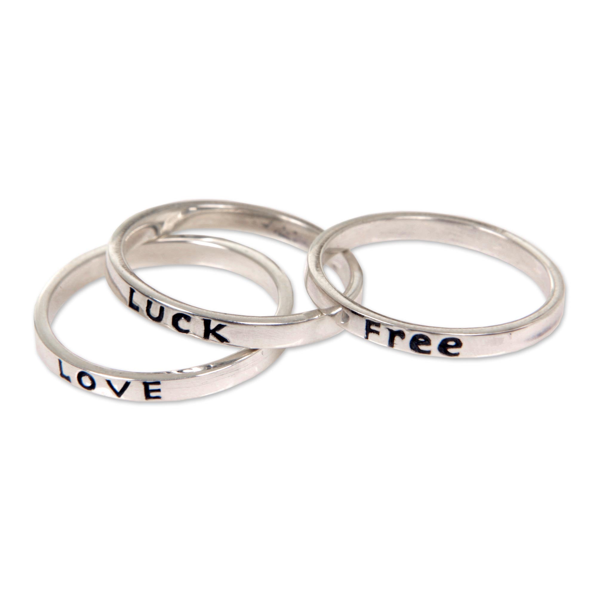 Premium Balinese Silver Stacking Rings - Free, Love, Luck (Set of 3)