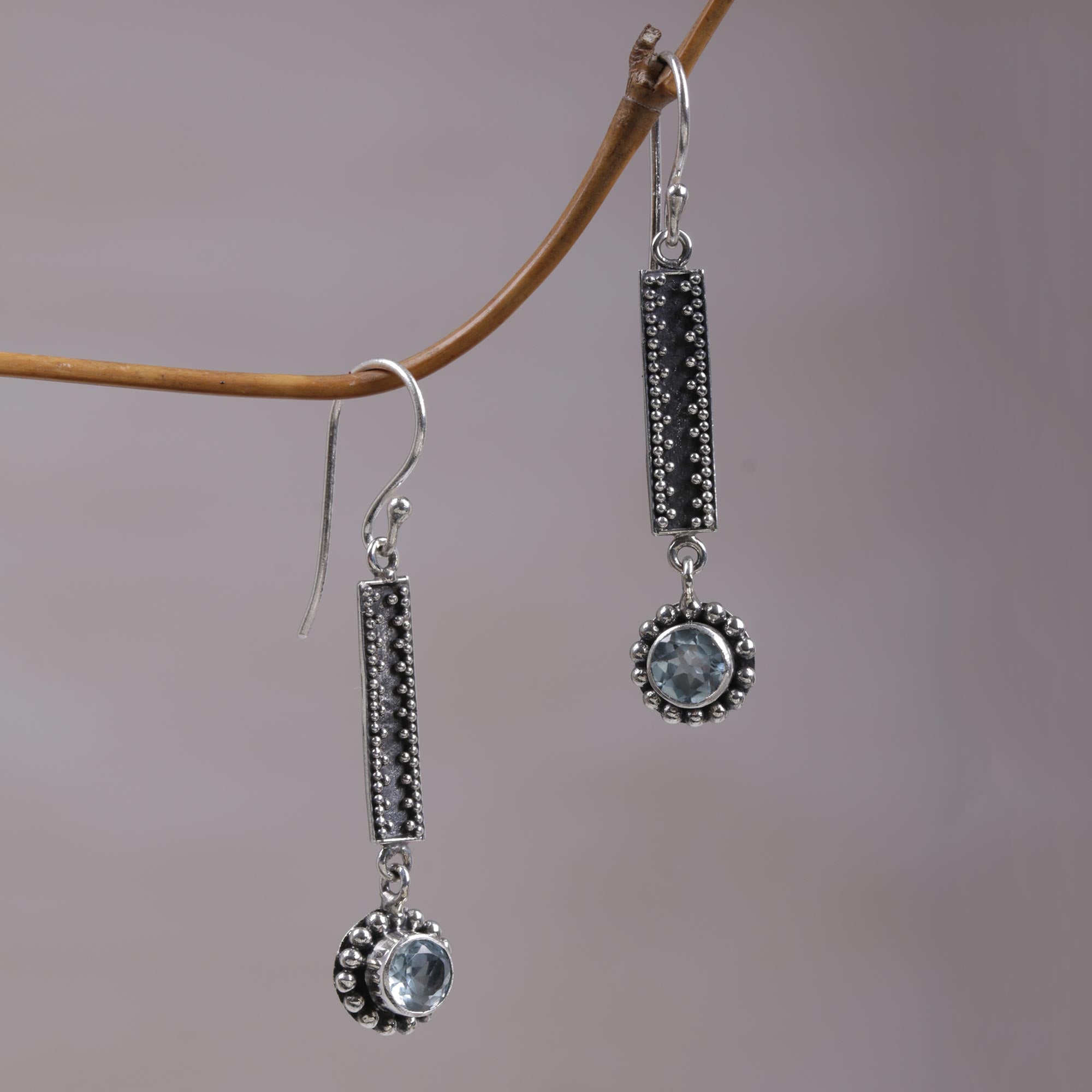 Premium Falling Raindrops Sterling Silver and Blue Topaz Dangle Earrings – Handcrafted in Bali