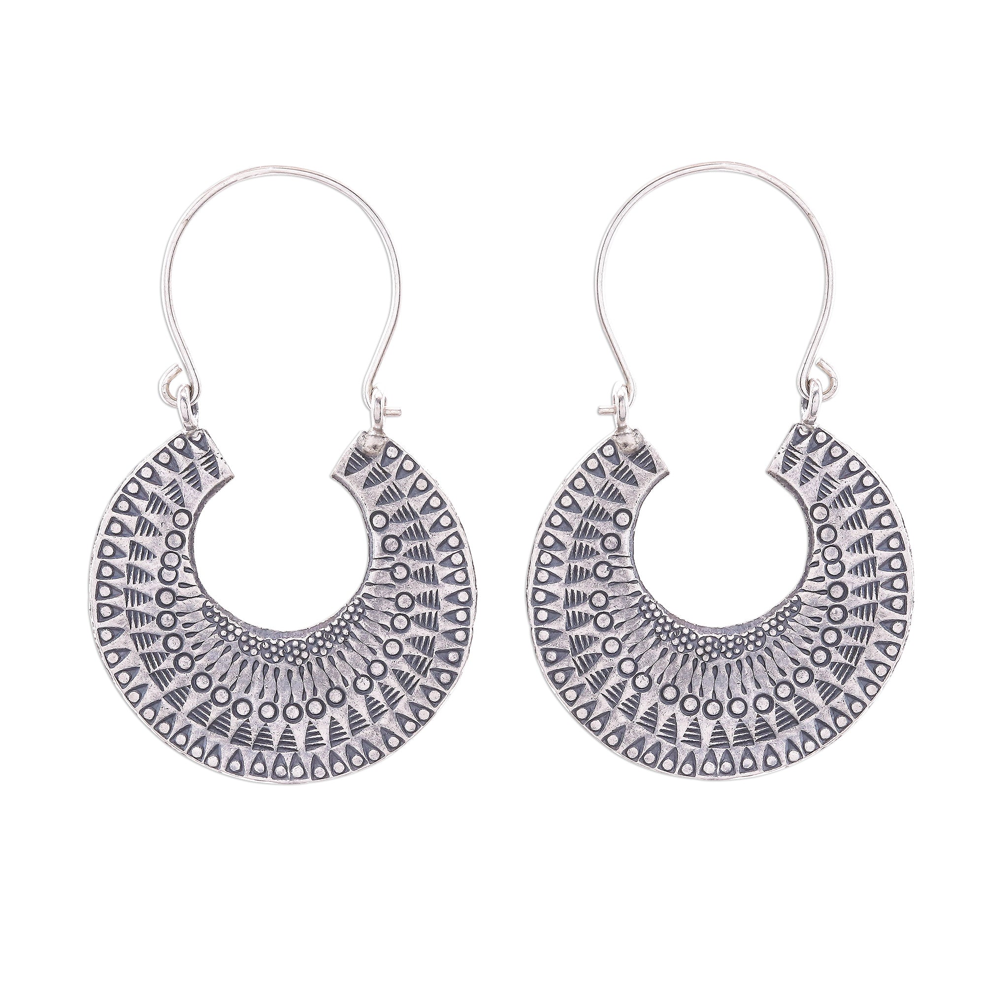 Premium Crescent Hoop Earrings - Sterling Silver with Intricate Patterns