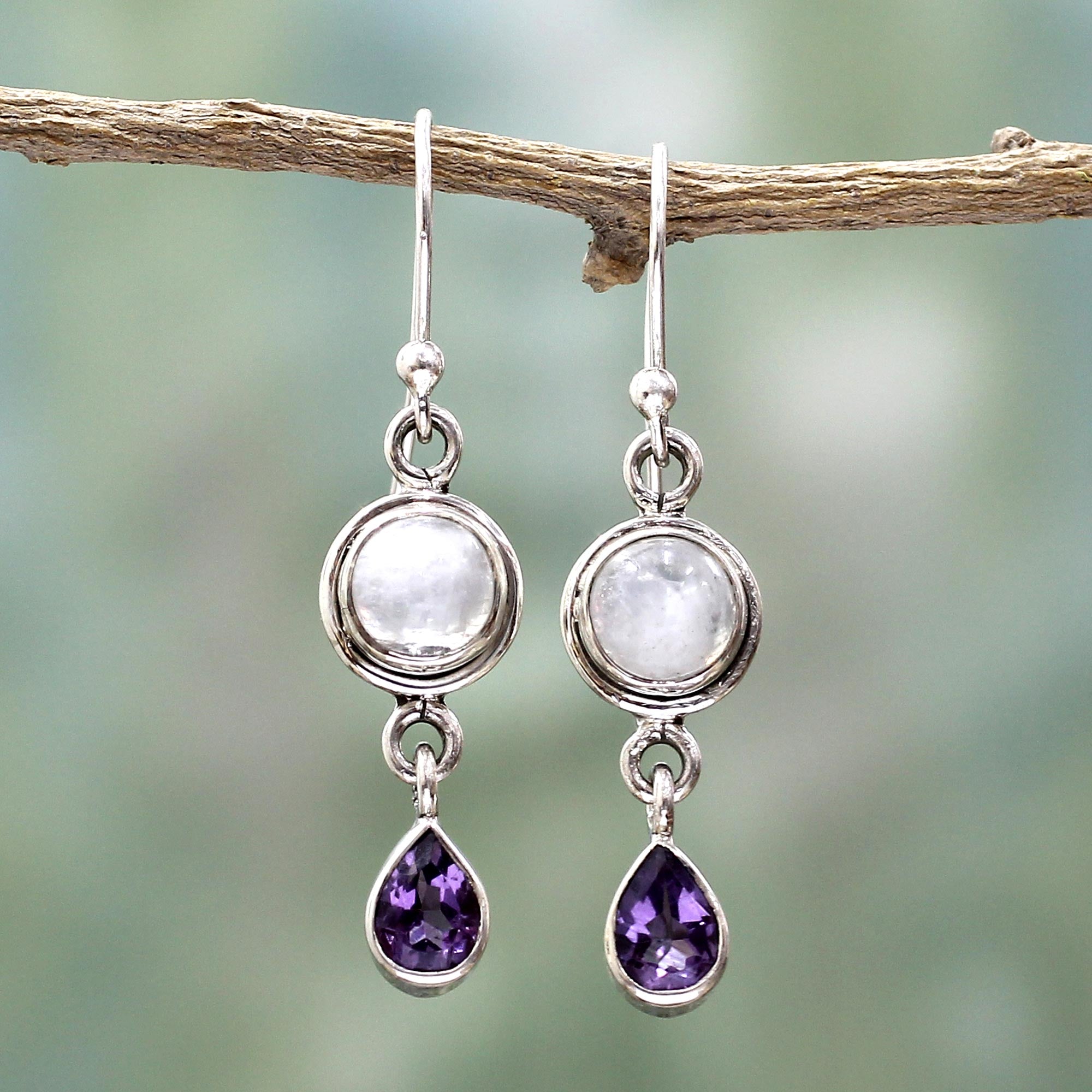 Premium Purple Droplets Amethyst & Rainbow Moonstone Dangle Earrings - Handcrafted in India