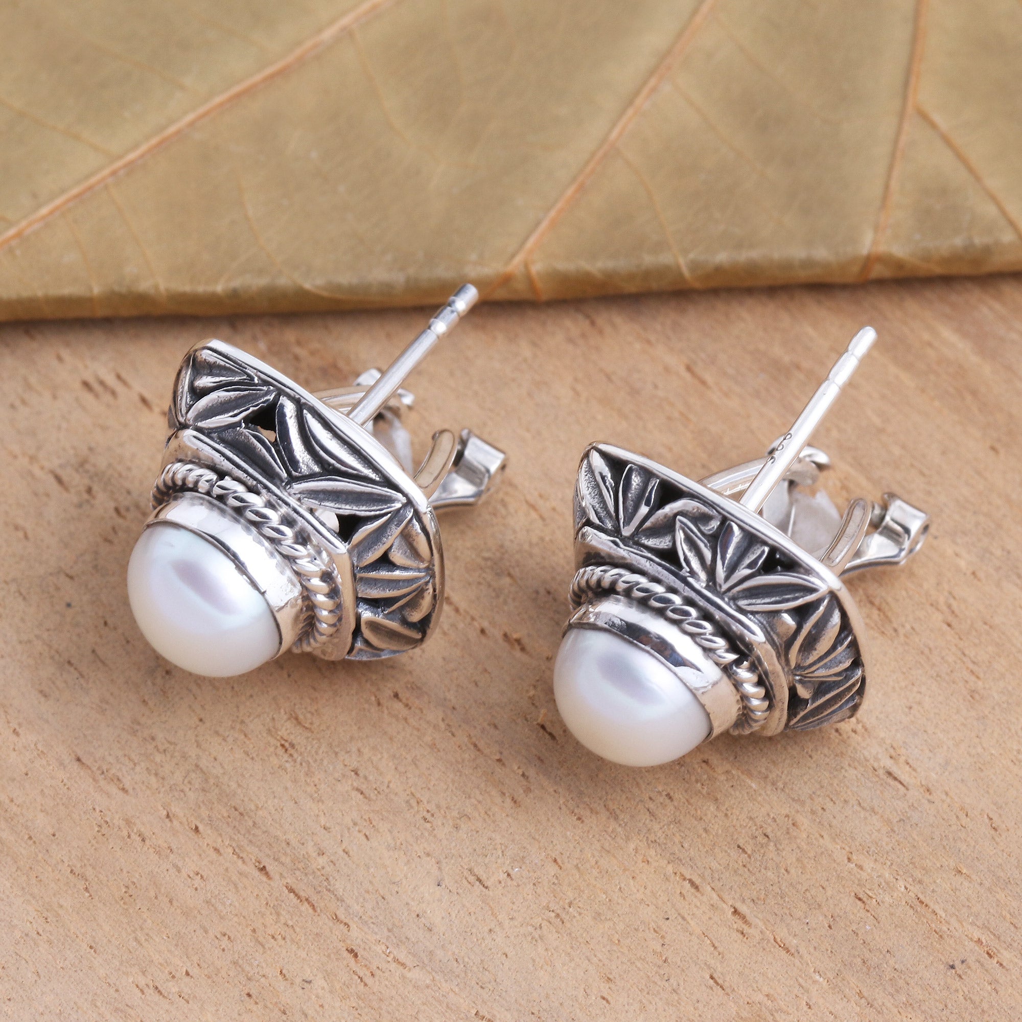 Premium Bamboo Leaf Sterling Silver & Pearl Button Earrings