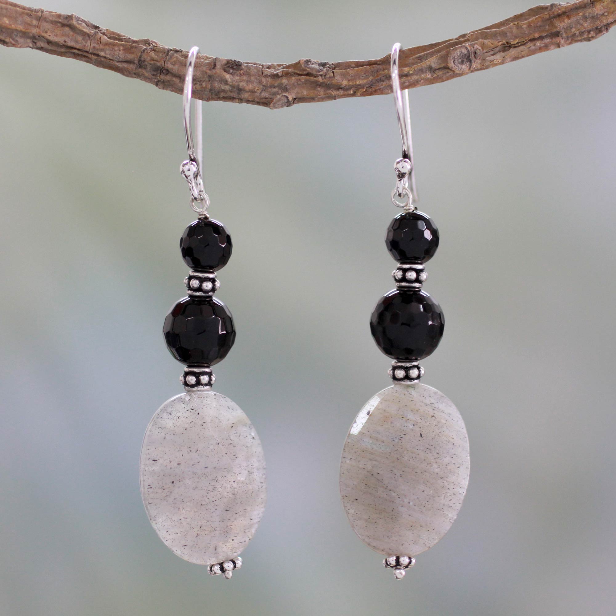 Premium Midnight Mist Onyx & Labradorite Earrings – Handcrafted Sterling Silver