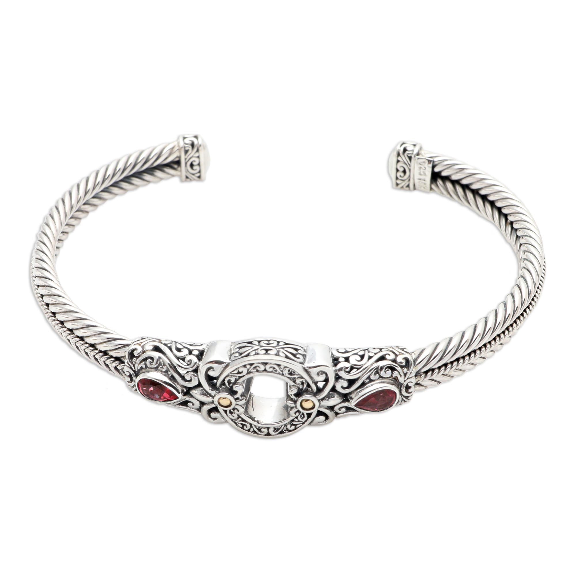 Premium Hidden Gate Cuff Bracelet in Red Garnet and Sterling Silver - Handcrafted in Bali