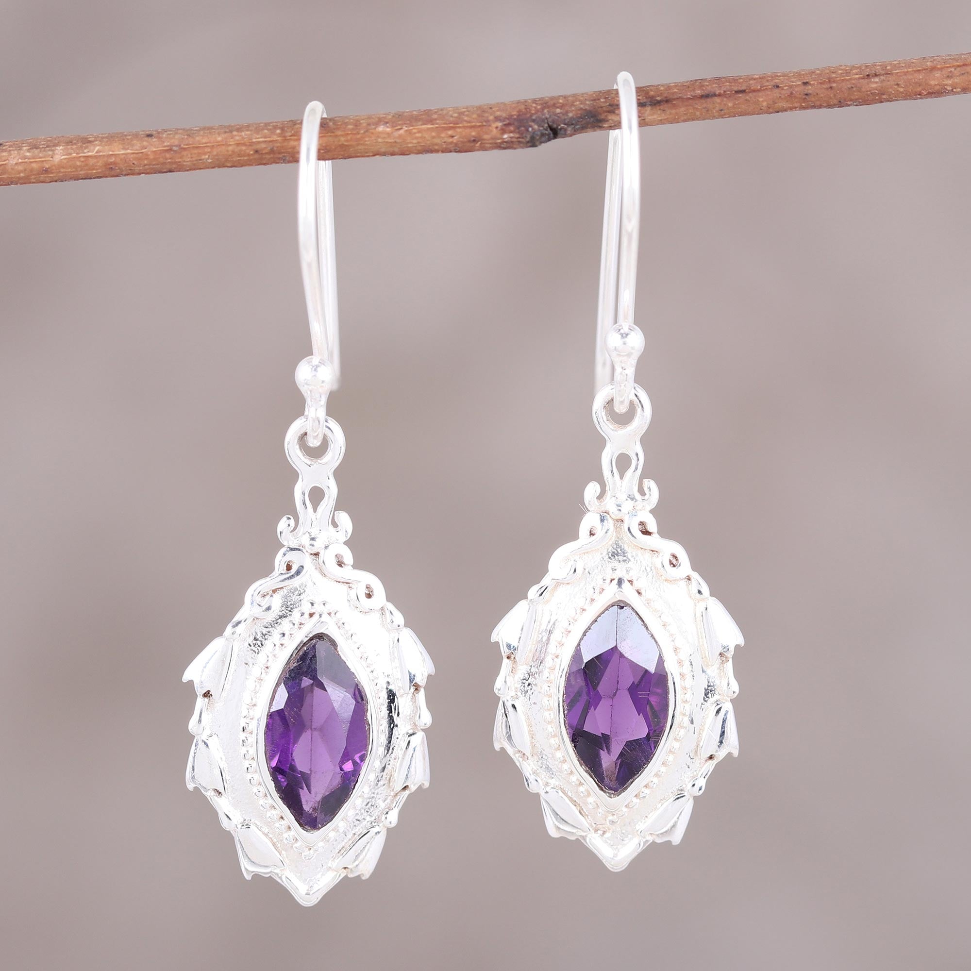 Premium Amethyst Dangle Earrings with Sterling Silver Leaf Design