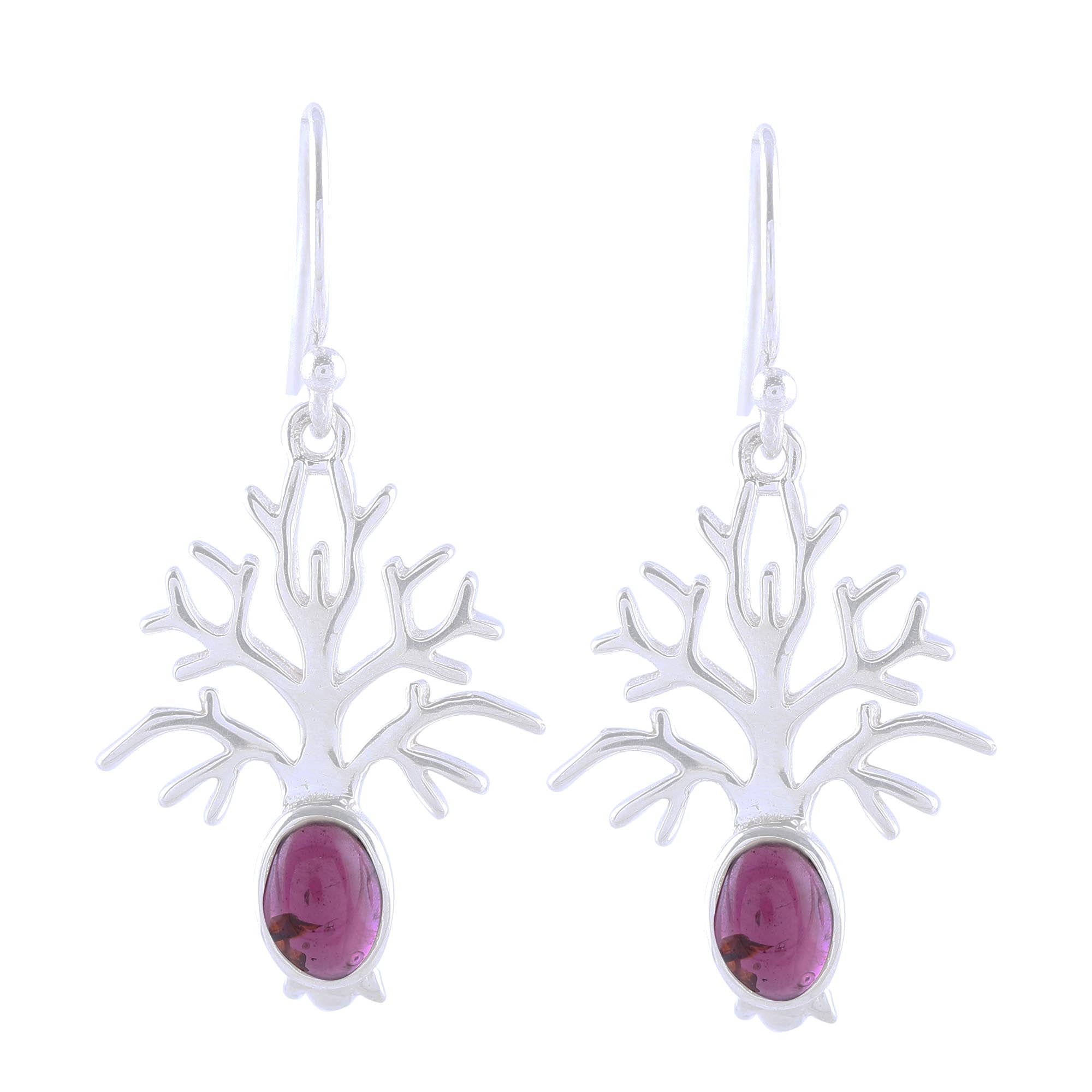 Premium Garnet Tree Dangle Earrings - Handcrafted Sterling Silver Jewelry from India