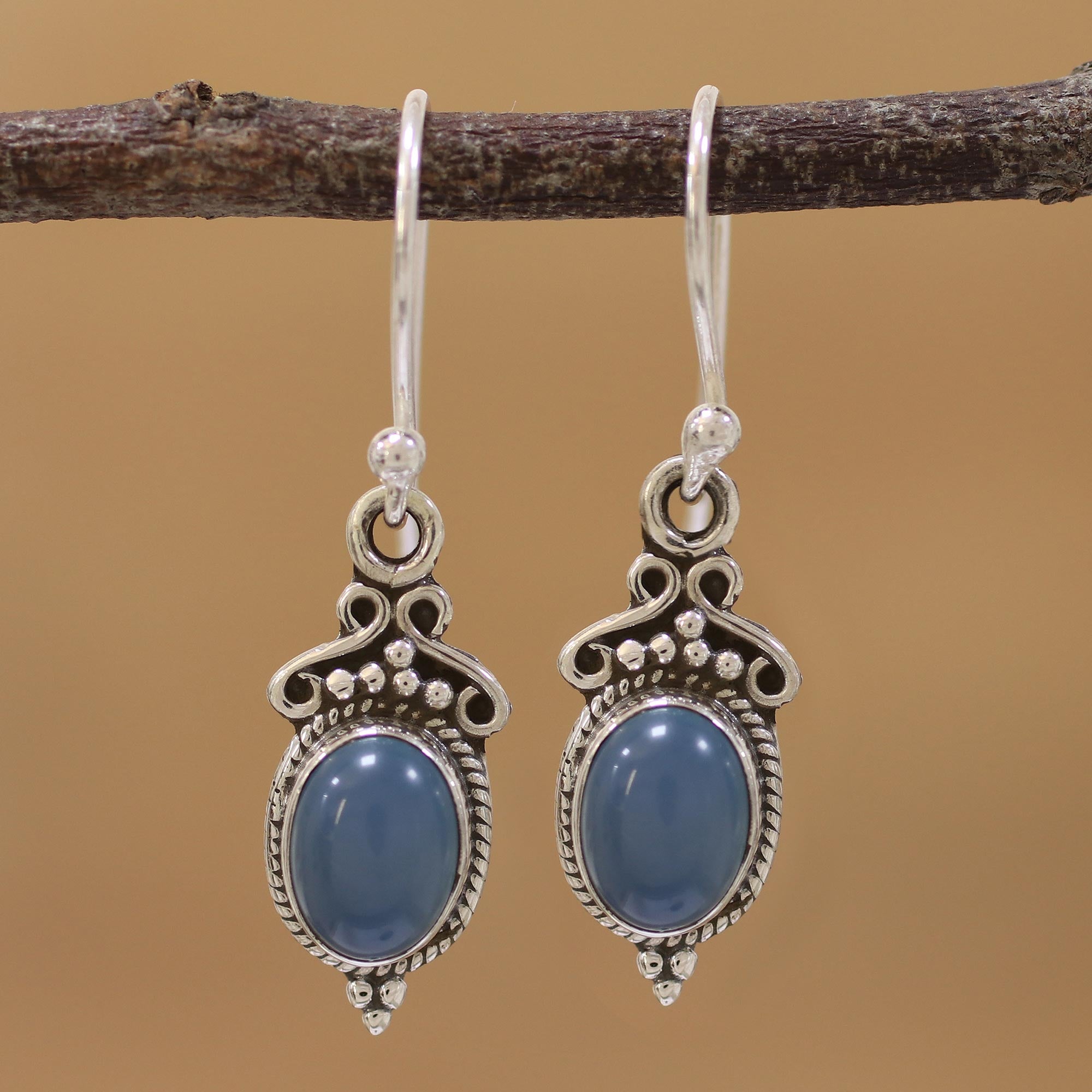 Premium Blue Chalcedony & 925 Silver Dangle Earrings - Handcrafted Elegance from India