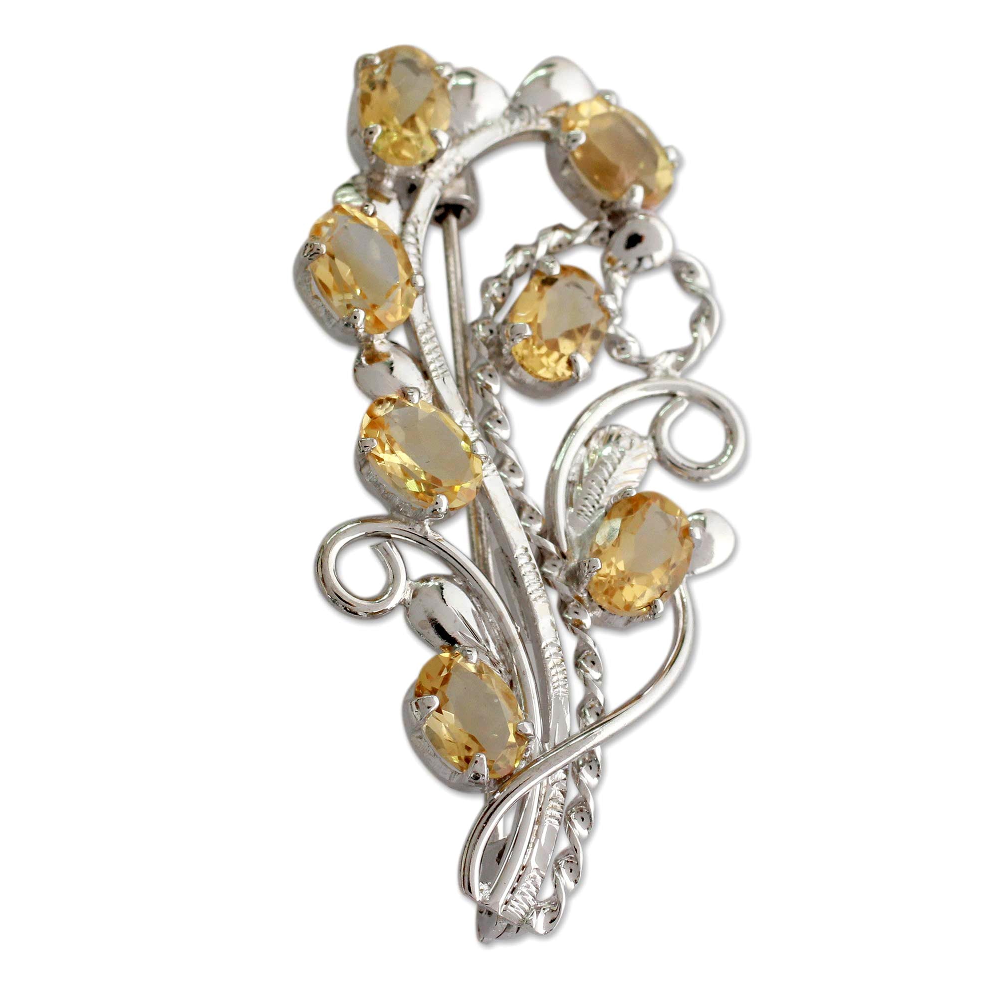 Premium Citrine Silver Brooch - Sunshine Bouquet Design