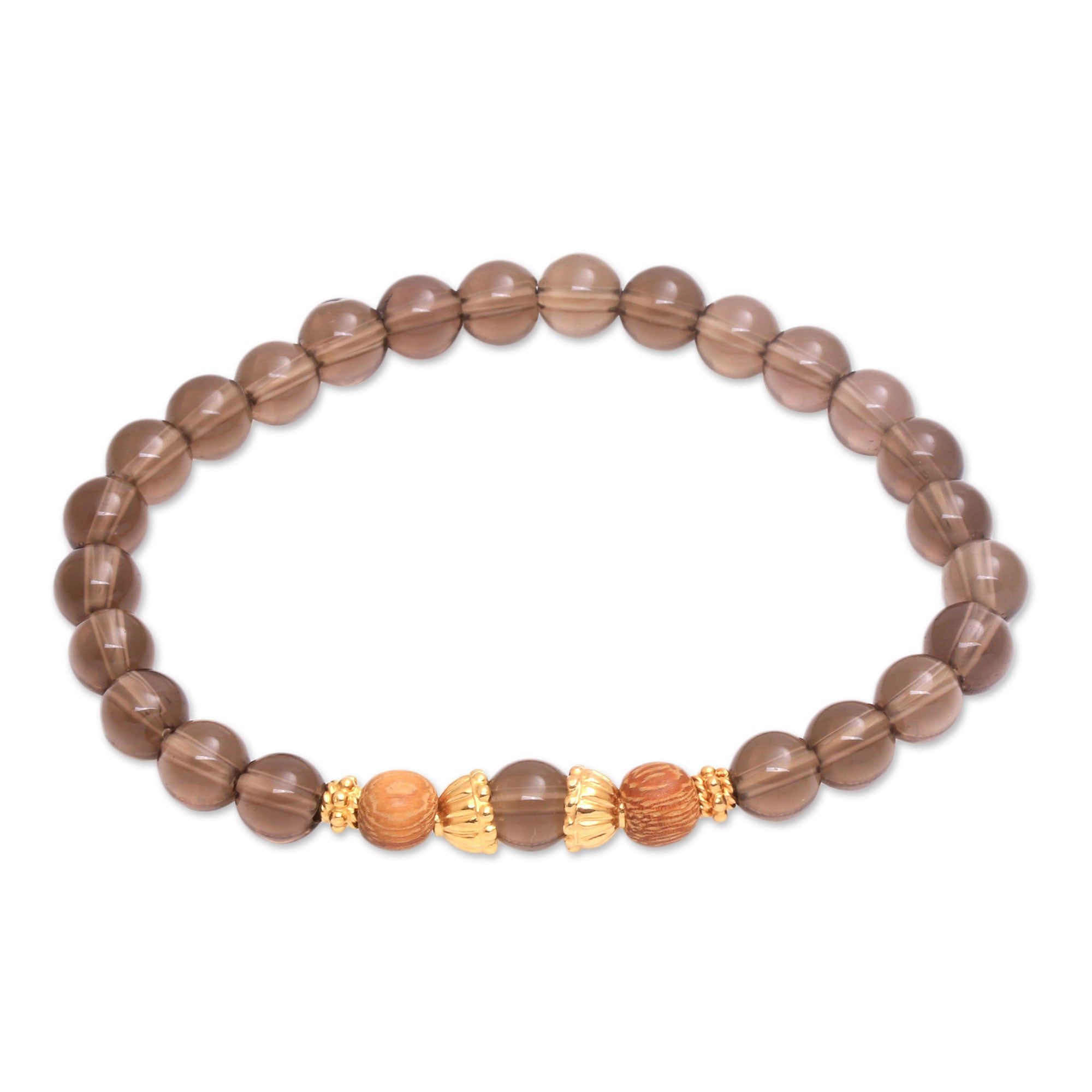 Premium Smoky Quartz Stretch Bracelet with Wood & Gold Accents