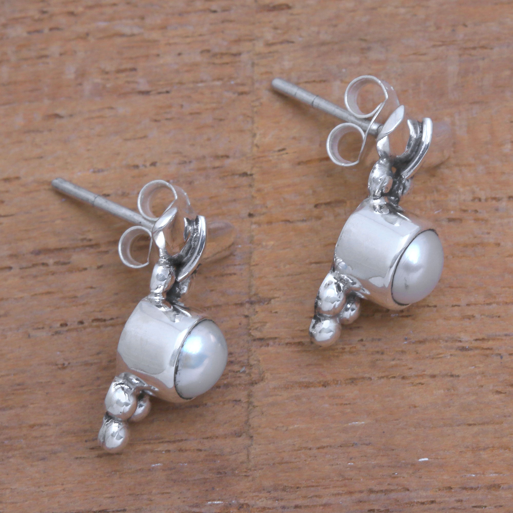 Premium Bali Pearl Drop Earrings with Sterling Silver Dot Motif