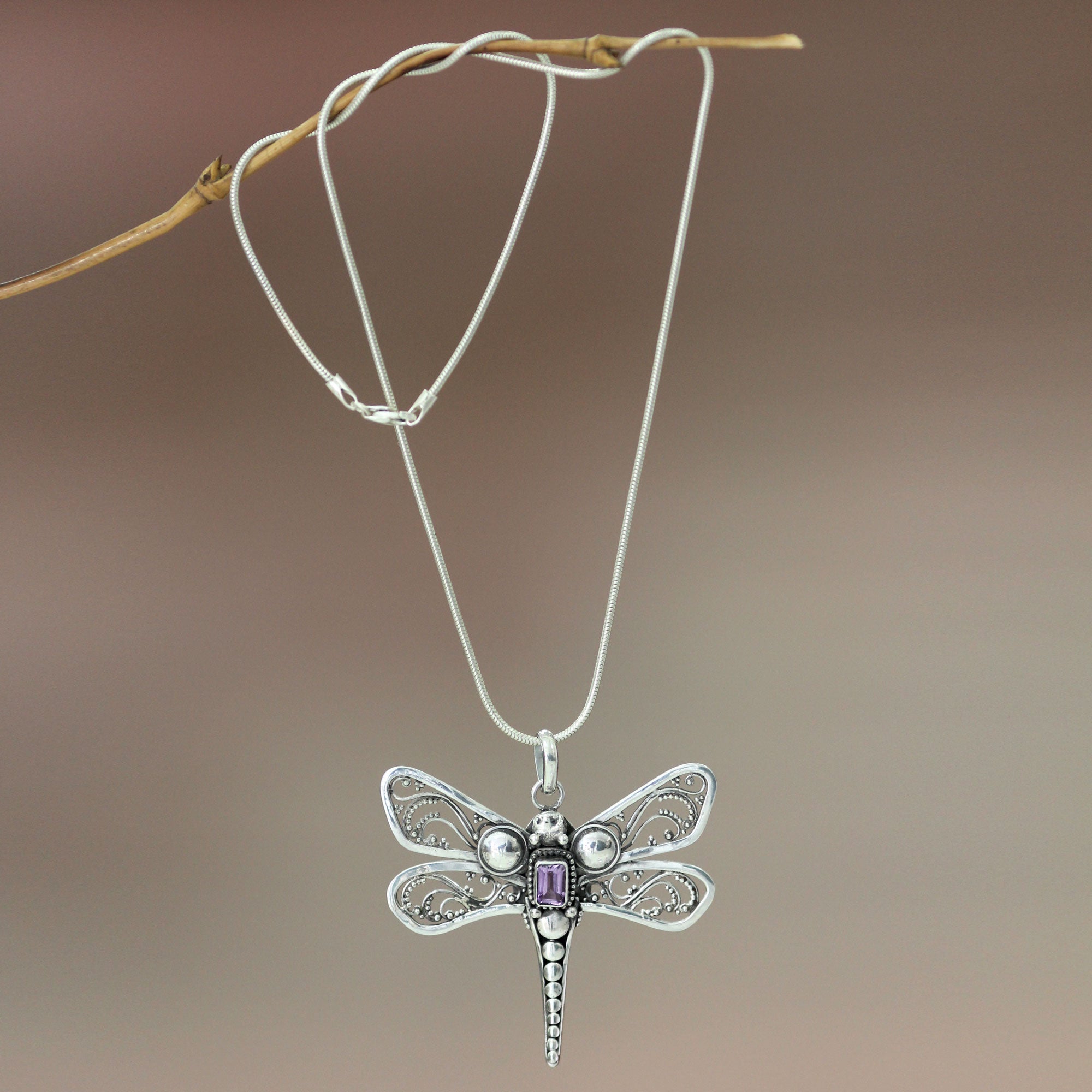 Premium Lavender Dragonfly Amethyst Sterling Silver Necklace - Handmade in Bali