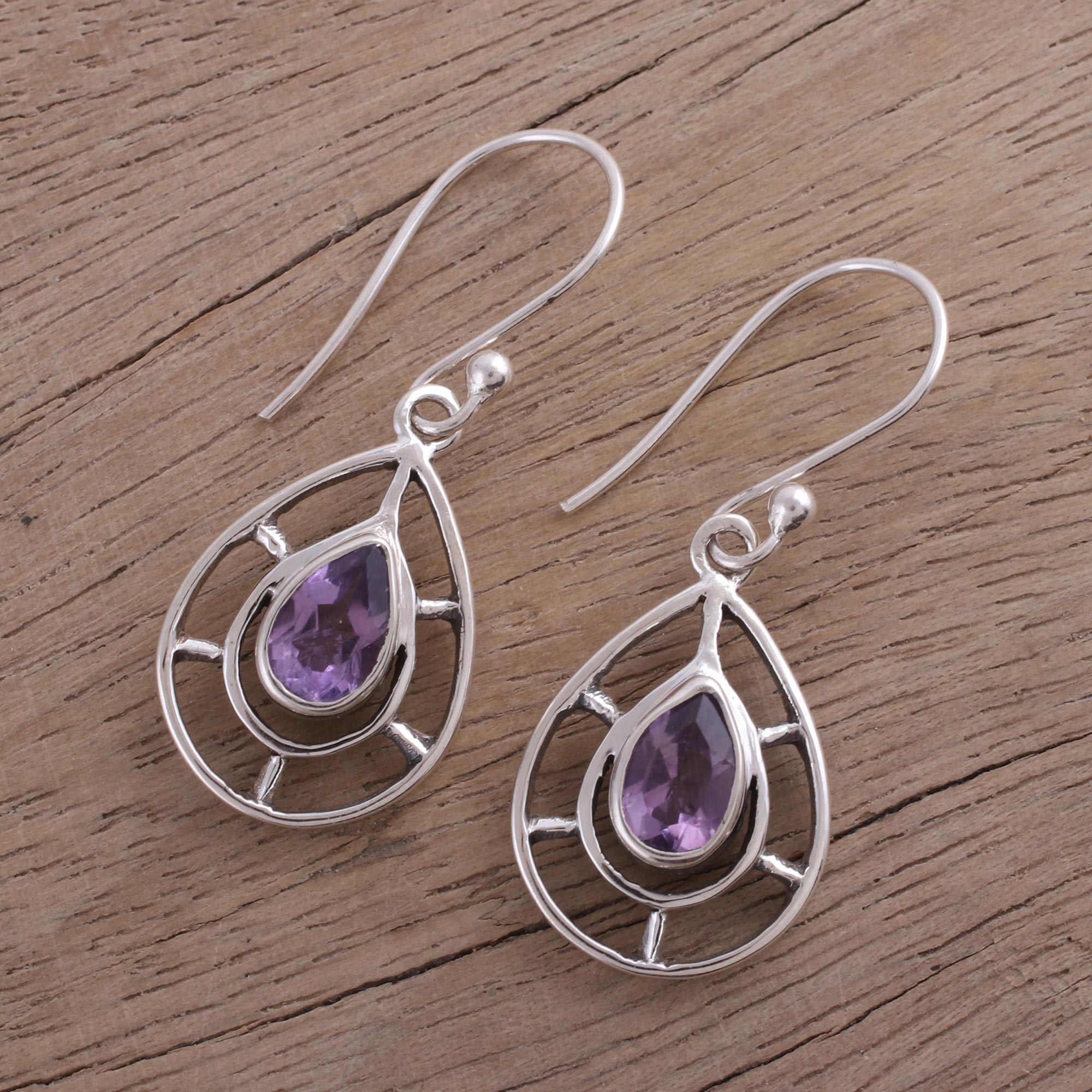 Premium Amethyst Faceted Droplet Earrings – Handcrafted Sterling Silver Dangle Earrings from India