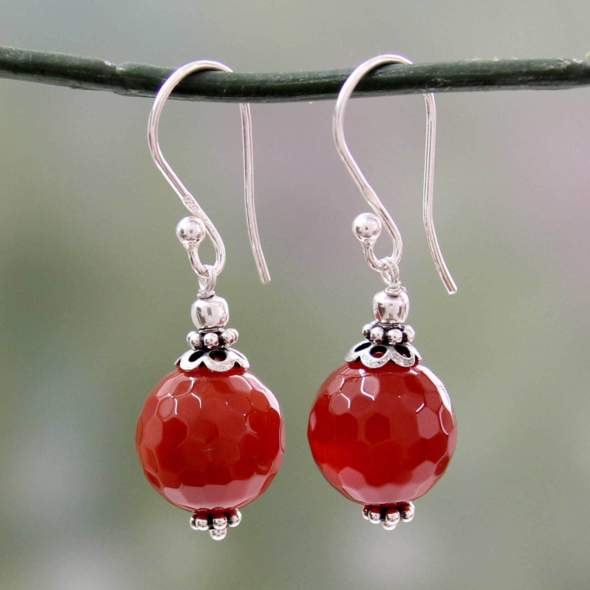 Premium Sterling Silver Red Agate Drop Earrings - Handcrafted Elegance
