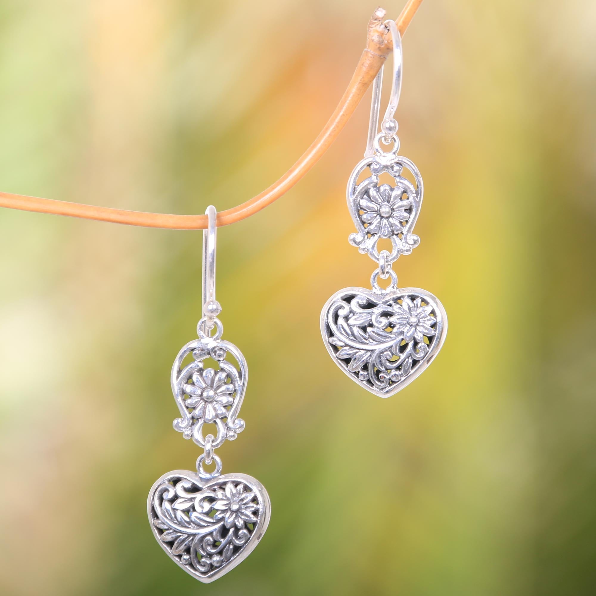 Premium Blooming Hearts Sterling Silver Dangle Earrings - Handcrafted in Bali