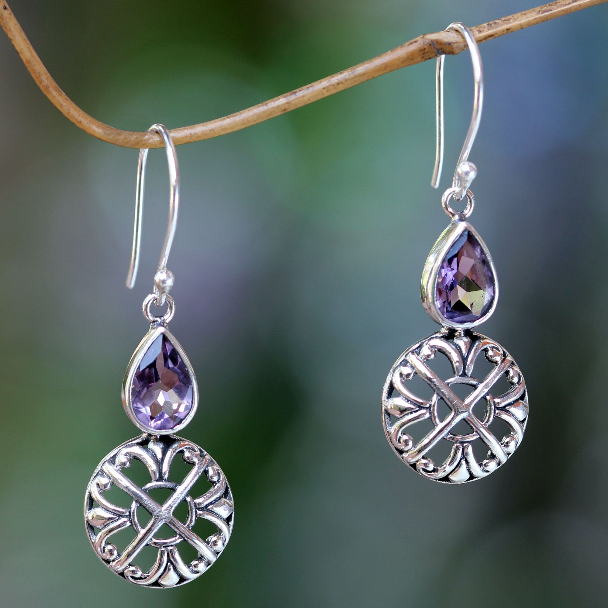 Premium Purple Bali Cakra Sterling Silver and Amethyst Dangle Earrings - Handcrafted in Bali