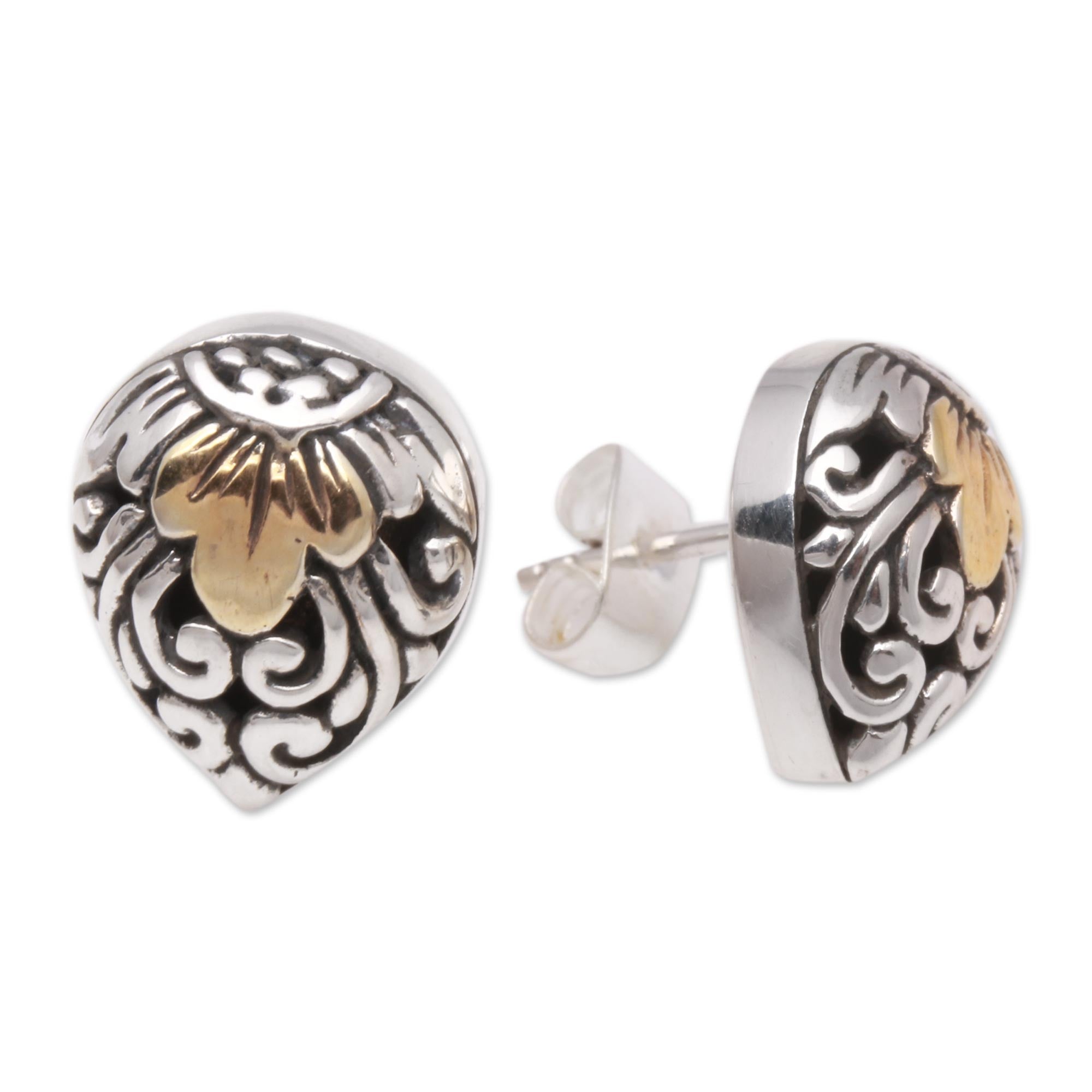 Premium Royal Glam Vine Pattern Gold Accented Sterling Silver Stud Earrings