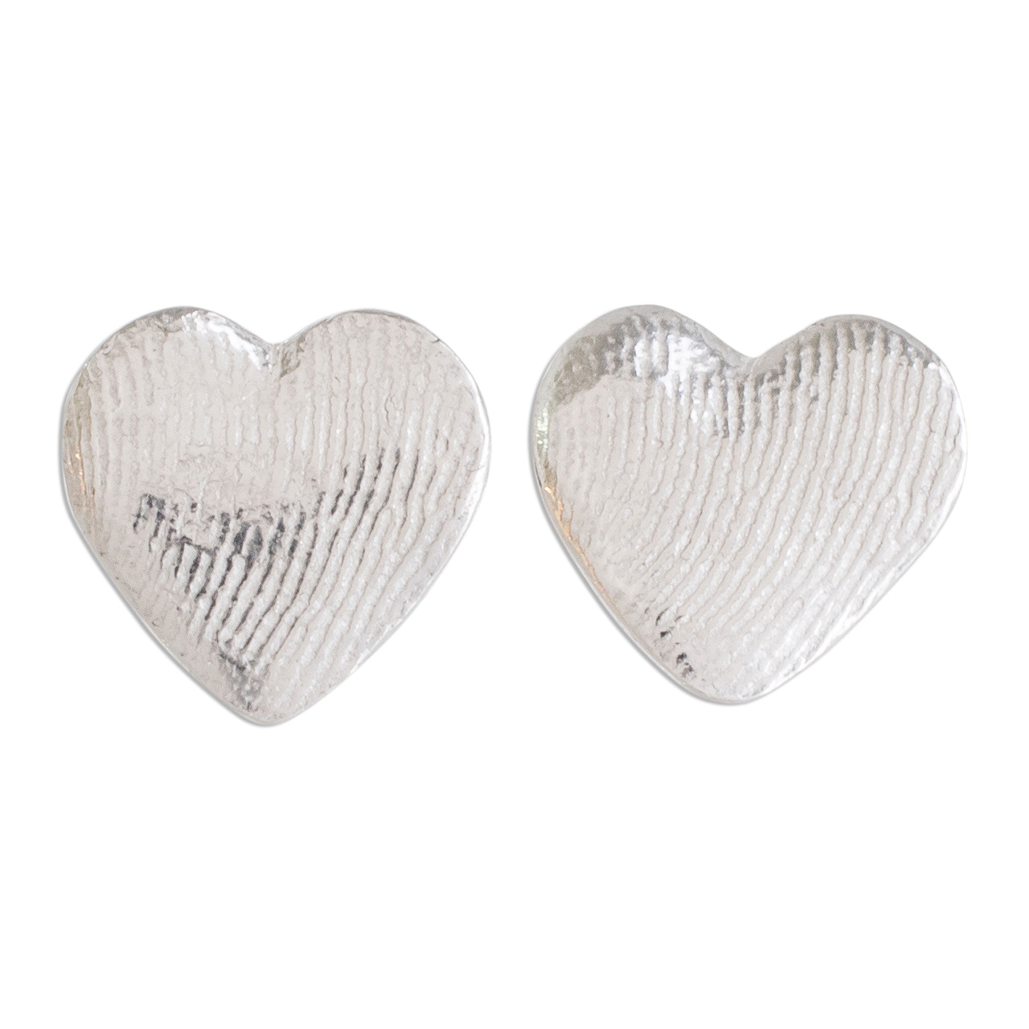 Premium Heart-Shaped Silver Stud Earrings with Artisan Fingerprint Detail