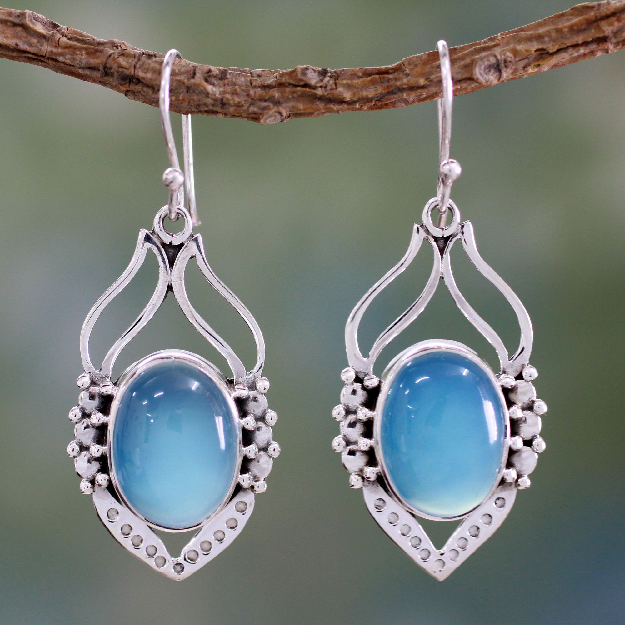 Premium Chalcedony & Sterling Silver Leaf Earrings - Handcrafted Elegance