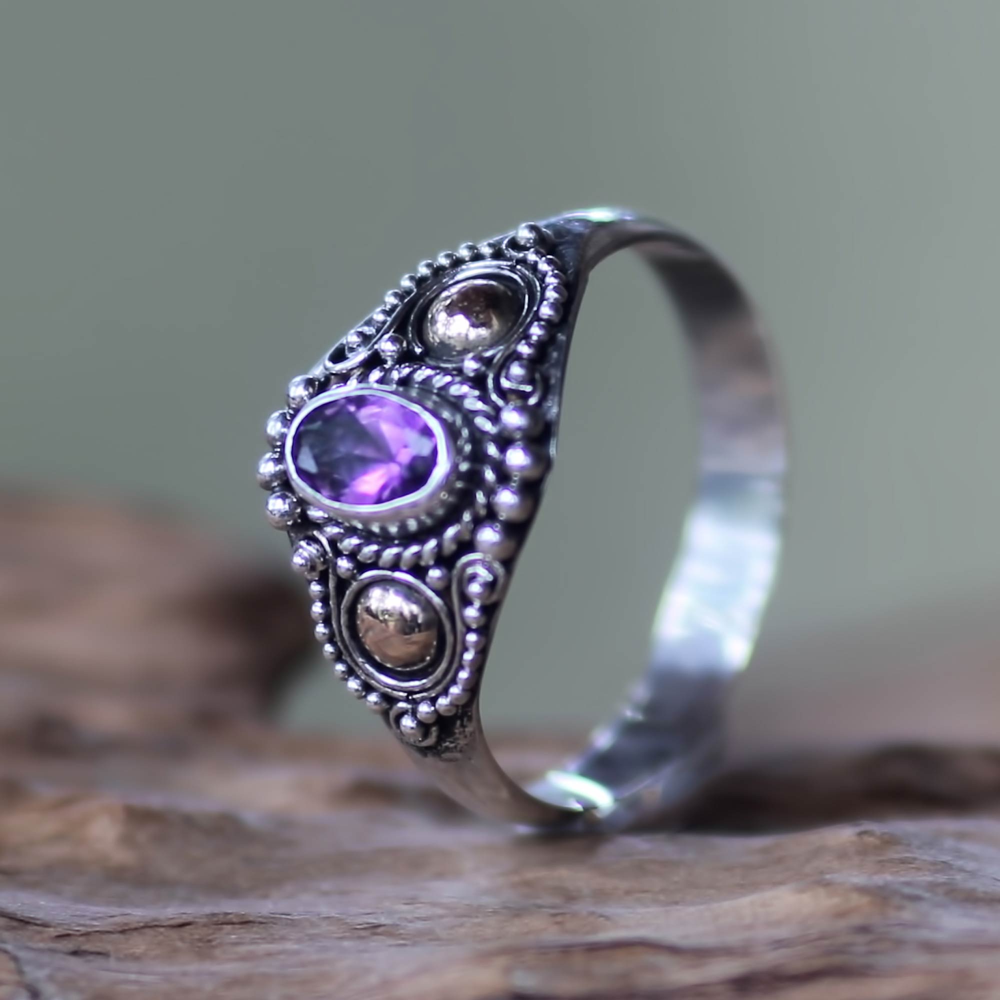 Premium Mystic Trio Sterling Silver & Gold Cocktail Ring with Amethyst